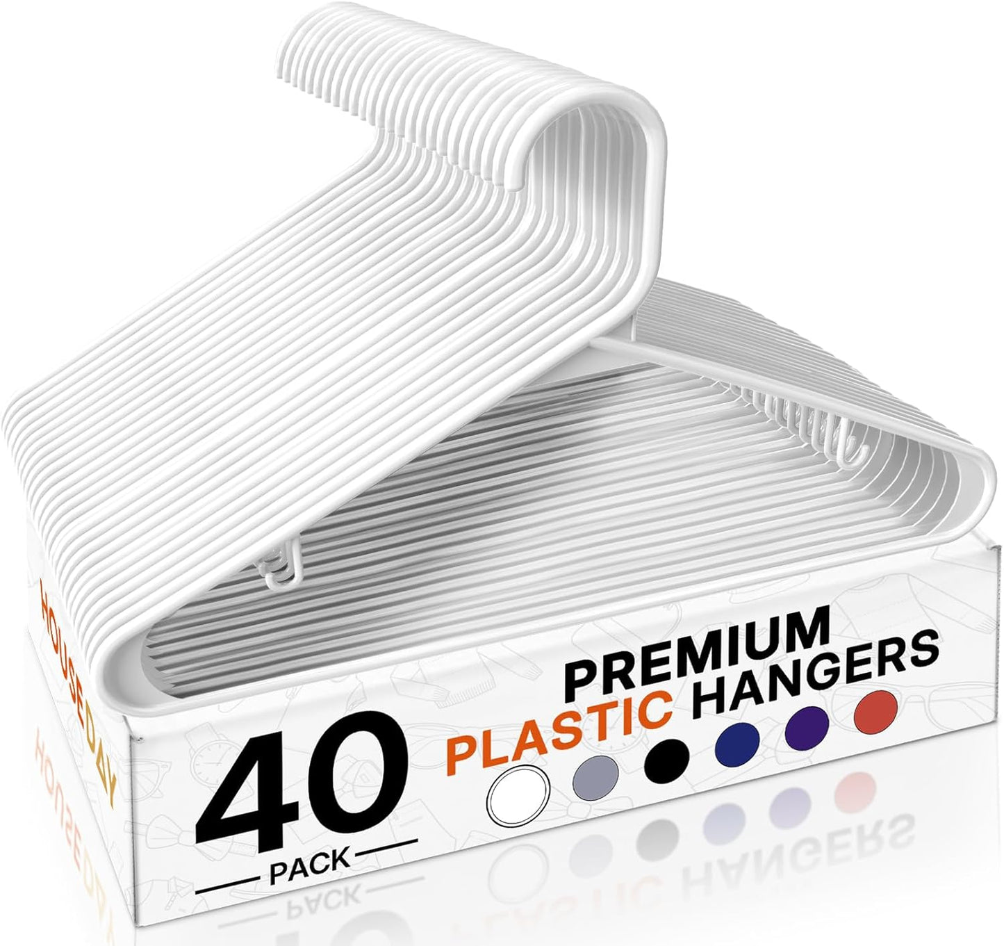 HOUSE DAY White Plastic Hangers 50 Pack, Plastic Clothes Hangers with Built-in Hooks, Durable and Strong Plastic Coat Hangers for Closet, Space Saving Clothing Hanger for Shirts, Coats, Skirt, Dress