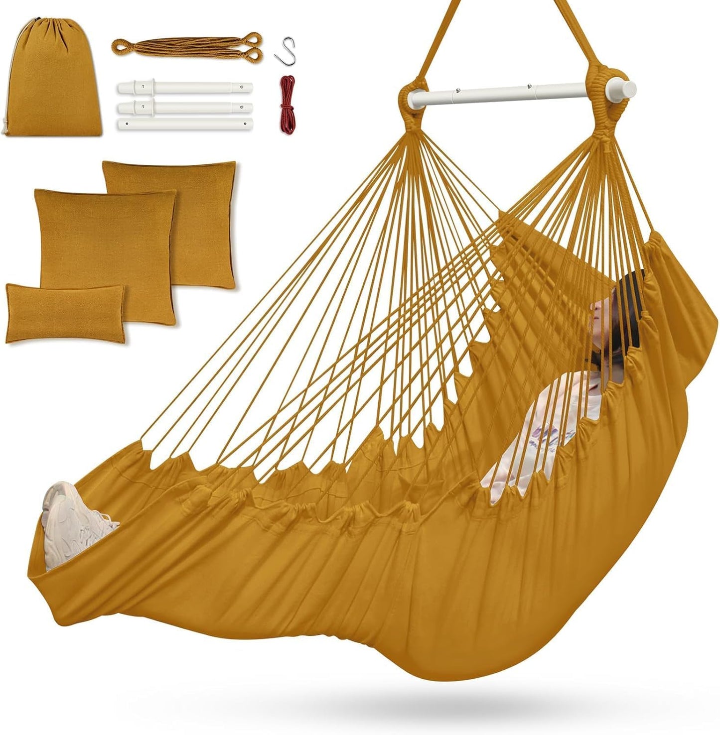 Outerman Hammock Chair, Hanging Chair with 3 Cushions and Foot Rest Support, Sturdy Metal Spreader Bar Max 500Lbs, Swing Chair for Bedroom, Indoor & Outdoor, Patio, Porch or Tree（Black）…
