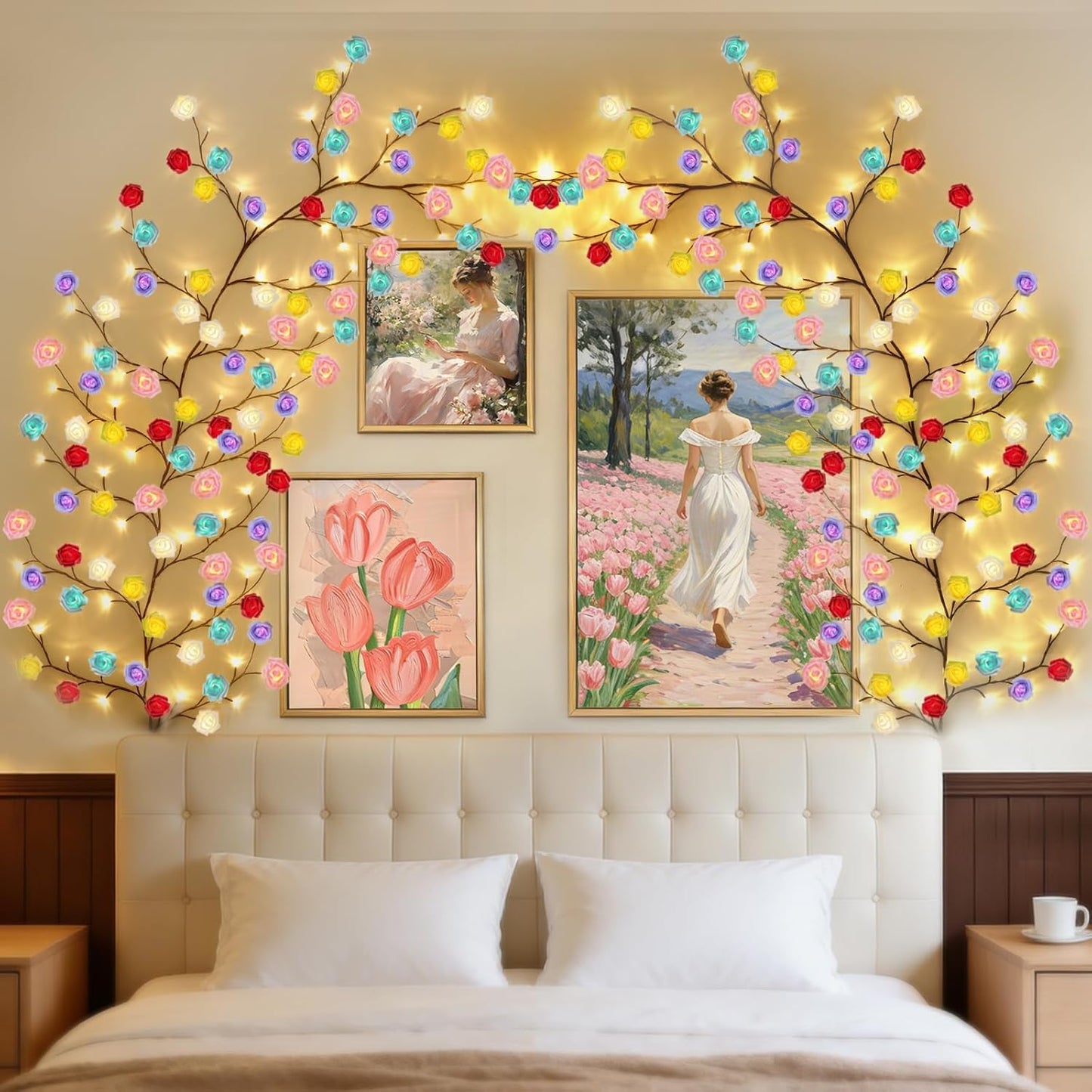 Cherry Enchanted Willow Vine Lights, 4FT 48LED Pink Cherry Blossom Tree Branch Lights for Wall, Remote Timer,8 Light Model,Bedroom Wall Doors Wedding, Christmas, USB Battery Box