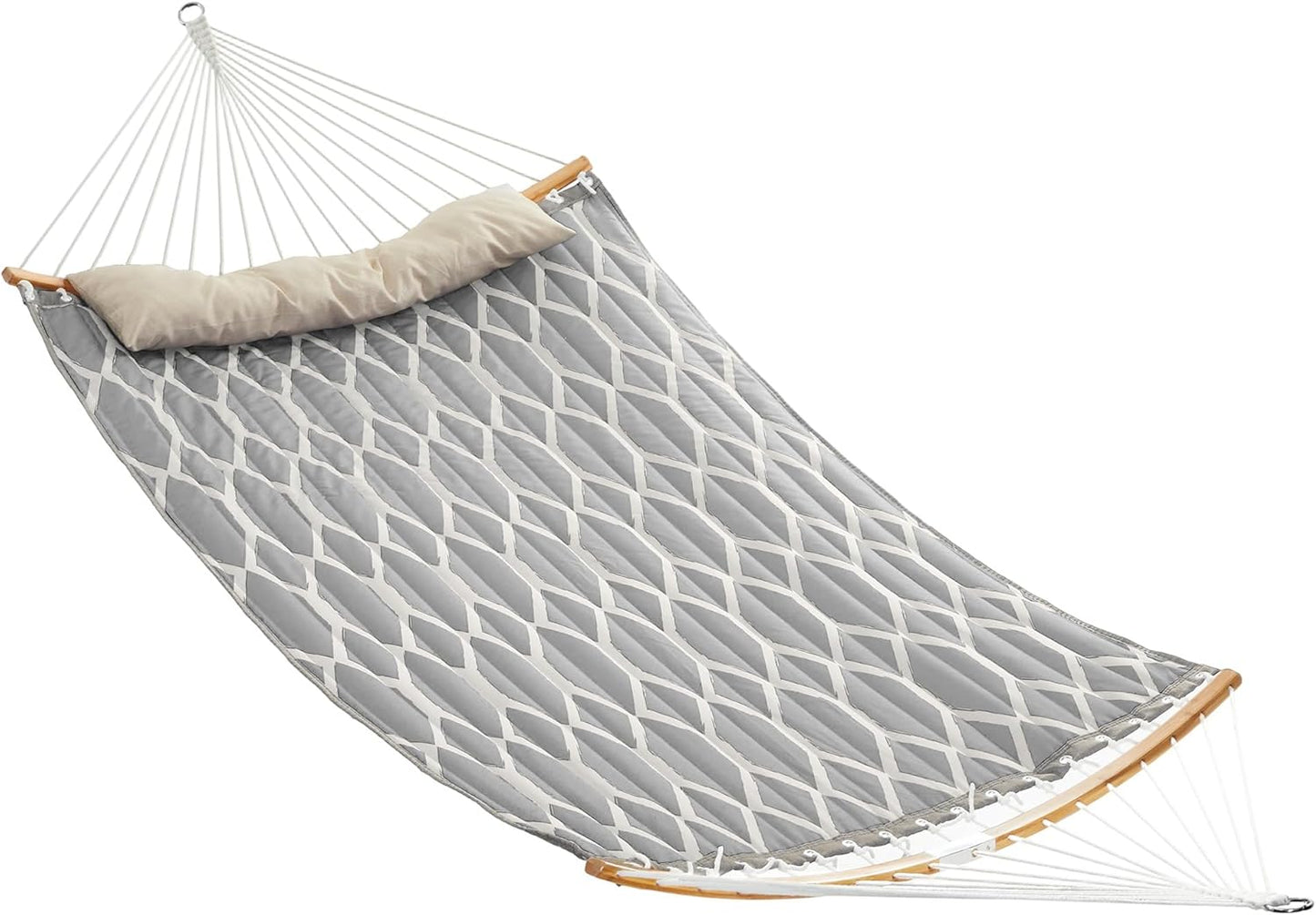 SONGMICS Hammock, Quilted Hammock with Curved Bamboo Spreaders, Pillow, 78.7 x 55.1 Inches, Portable Padded Hammock Holds up to 495 lb, Gray and Beige UGDC34CG