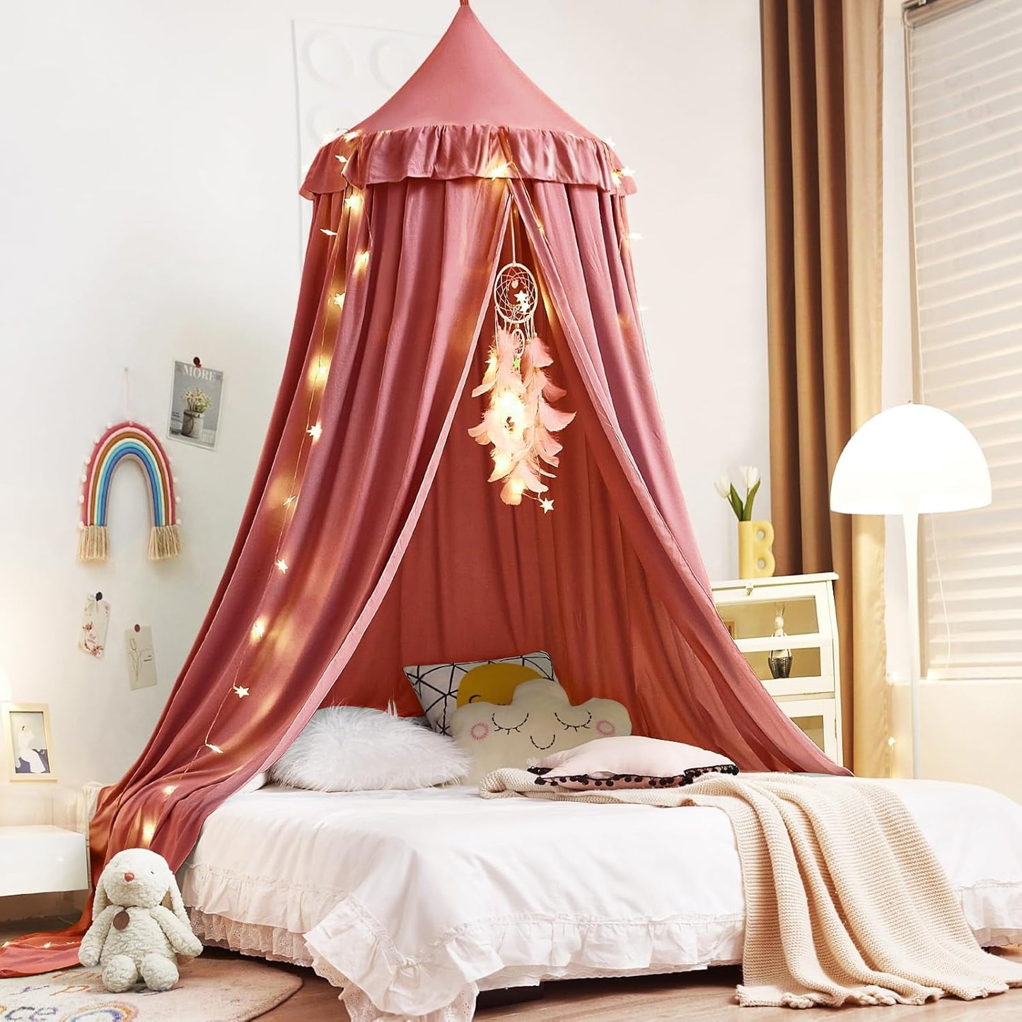 Kertnic Decor Canopy for Kids Bed, Soft Smooth Playing Tent Canopy Girls Room Decoration Princess Castle, Dreamy Mosquito Net Bedding, Children Reading Nook Canopies in Home (Pink-Ruffle)