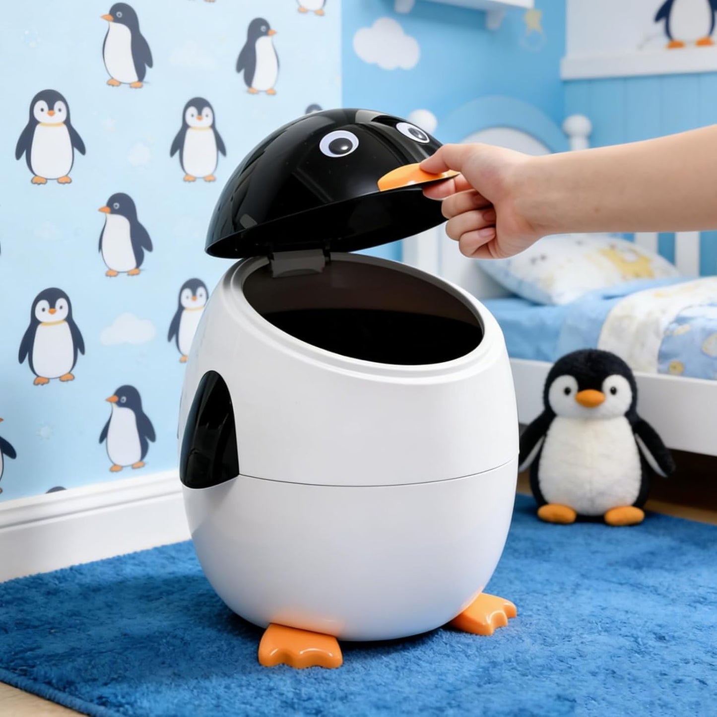 URALFA Penguin Trash Can, 3.2 Gallon Cute Trash Can, Animal Themed Garbage Can with Removable Inner Bucket, Plastic Fun Kids Trash Can for Bedroom, Kids Room, Nursery, Dormitory, Bathroom, Blue