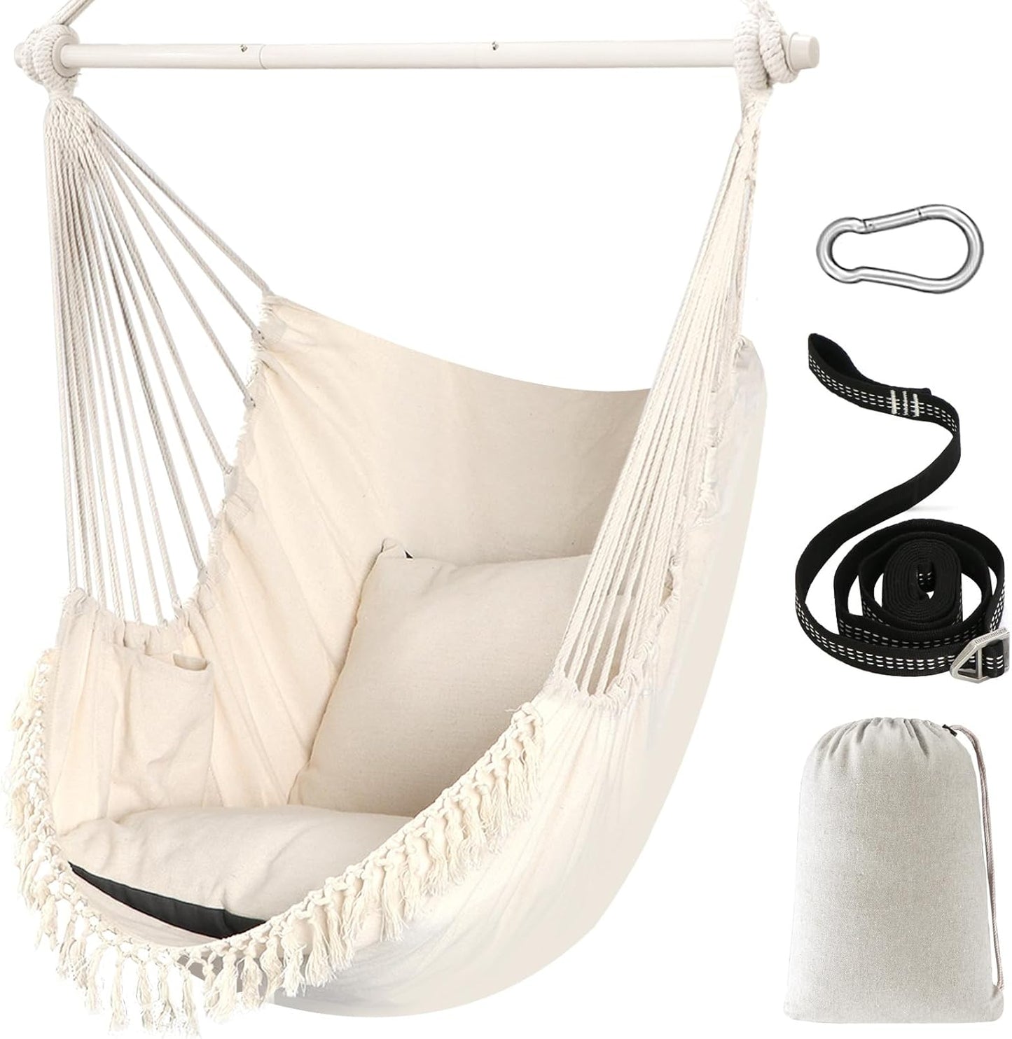Chihee Hammock Chair Hanging Swing Max 500 Lbs 2 Cushions Included Steel Spreader Bar with Anti-Slip Grooves Portable Hanging Chair Side Pocket Large Macrame Bohemian Chair Indoor Outdoor