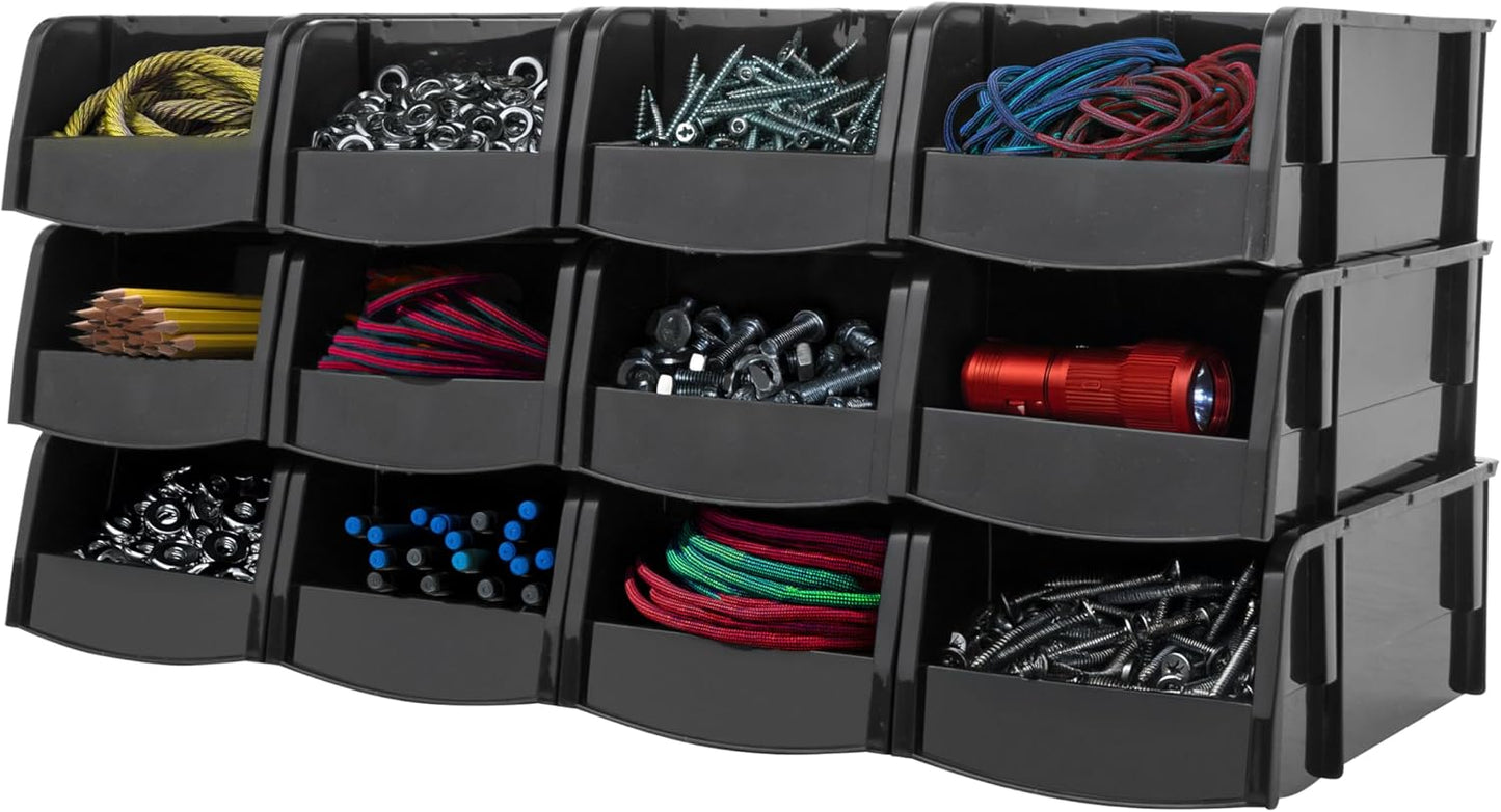IRIS USA Large Stackable Storage Bins, 8-Pack, 13"L x 6"W x 5"H, |Made in USA|, Plastic Open Front Shelf Bin for Organizing Parts, Hardware, Tools, Supplies, Garage Shelf, Pantry - Black