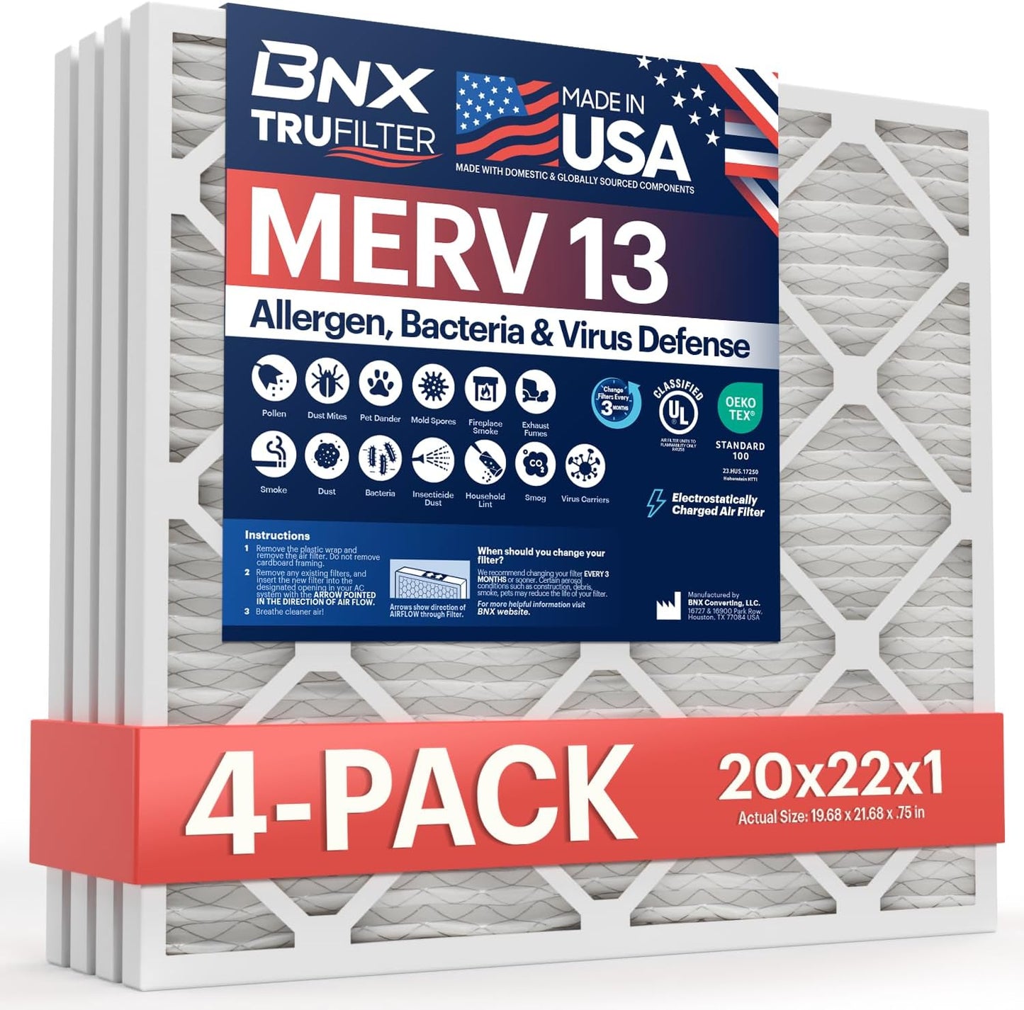 BNX TruFilter 20x20x1 MERV 13 (4-Pack) AC Furnace Air Filter - MADE IN USA - Electrostatic Pleated Air Conditioner HVAC AC Furnace Filters - Removes Pollen, Mold, Bacteria, Smoke