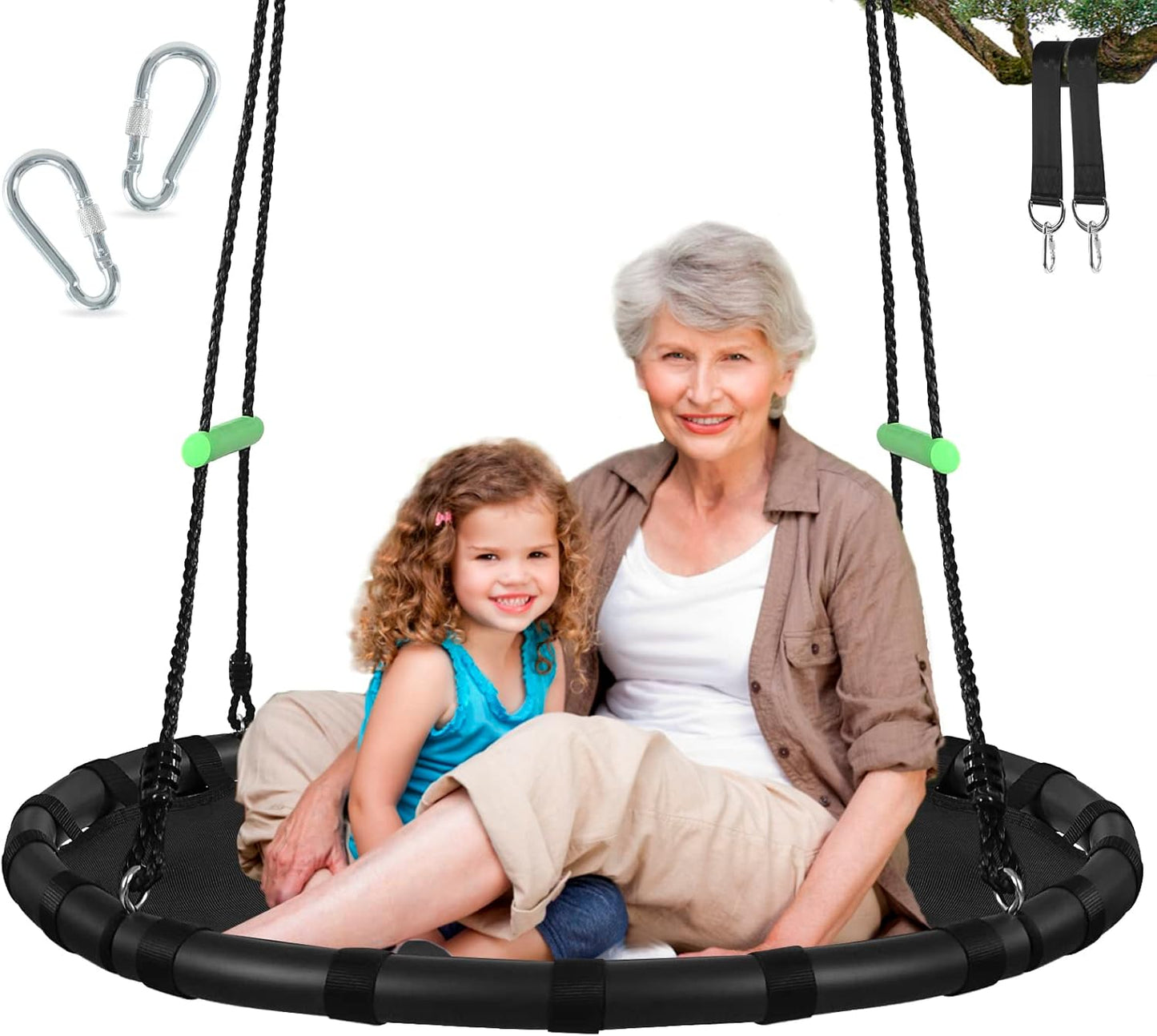 Tree Swing with PP Mat - Durable, Safe, and Easy to Install,Black Outdoor Saucer Swing,Flying Saucer Web Circle Swing for Yard Garden Playground Park (24 inches Diameter)
