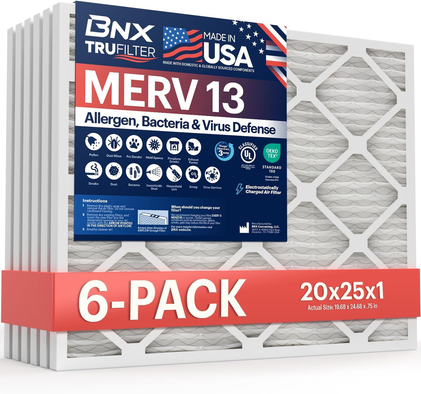 BNX TruFilter 20x20x1 MERV 13 (4-Pack) AC Furnace Air Filter - MADE IN USA - Electrostatic Pleated Air Conditioner HVAC AC Furnace Filters - Removes Pollen, Mold, Bacteria, Smoke