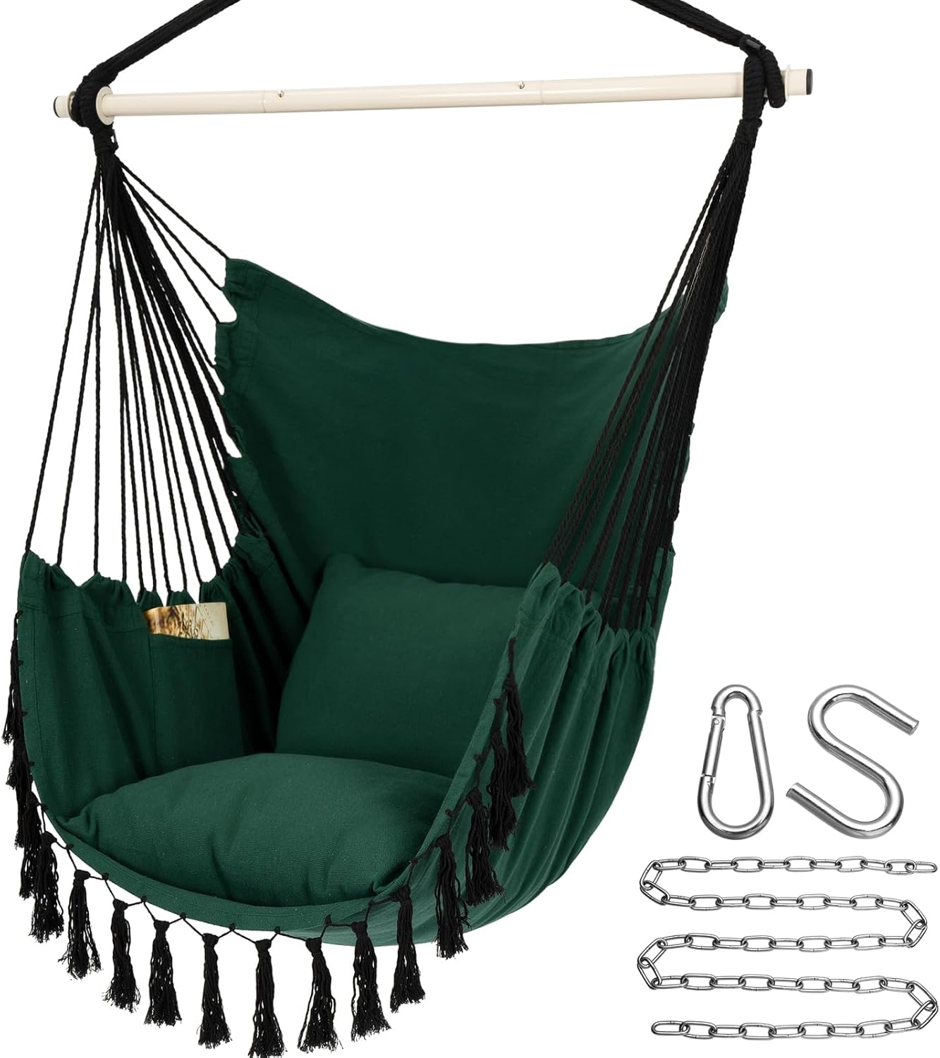 Y- STOP Hammock Chair Hanging Rope Swing Chair, Max 500 Lbs, 2 Seat Cushions Included, Removable Steel Spreader Bar with Anti-Slip Rings, Hardware kit-for Indoor Outdoor(Dark Grey) pcs
