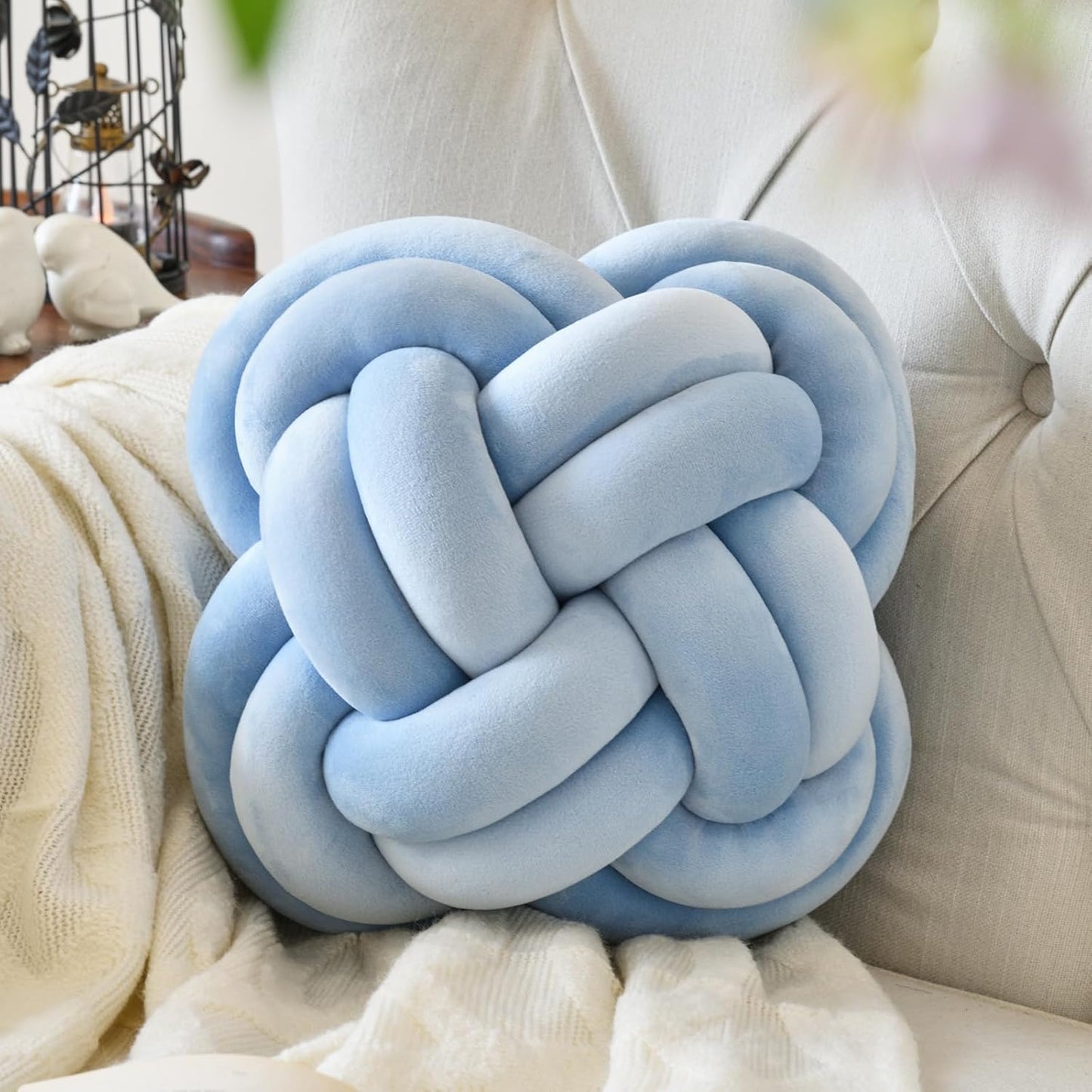 Xuyier Knot Pillow Ball, Decorative Throw Pillows with Velvet Fabric for Couch Bed, 12" Decor Knotted Square Floor Pillow Cushions for Living Room (12 Inches, Beige)