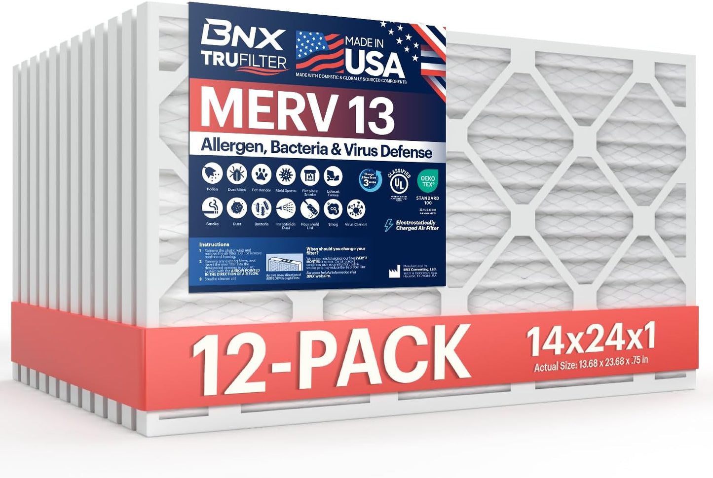 BNX TruFilter 20x20x1 MERV 13 (4-Pack) AC Furnace Air Filter - MADE IN USA - Electrostatic Pleated Air Conditioner HVAC AC Furnace Filters - Removes Pollen, Mold, Bacteria, Smoke