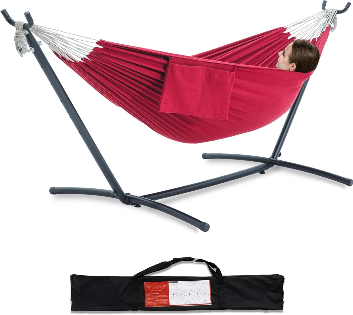 PNAEUT Double Hammocks with Stand for Outside, Portable Space Saving Heavy-Duty Steel Frame for Indoor Outdoor Patio Yard, Easy Assembly, 2 Person 450 lbs Capacity (Coffee)