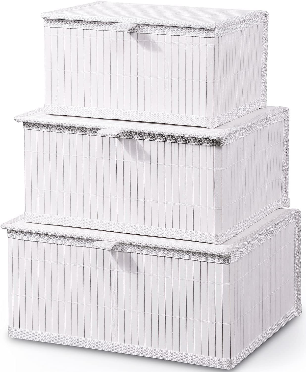 Honygebia Bamboo Decorative Storage Boxes - Set of 3 Woven Lined Storage Basket with Lids, Beige Wicker Lidded Baskets for Home Kitchen Shelf Organizer Decor