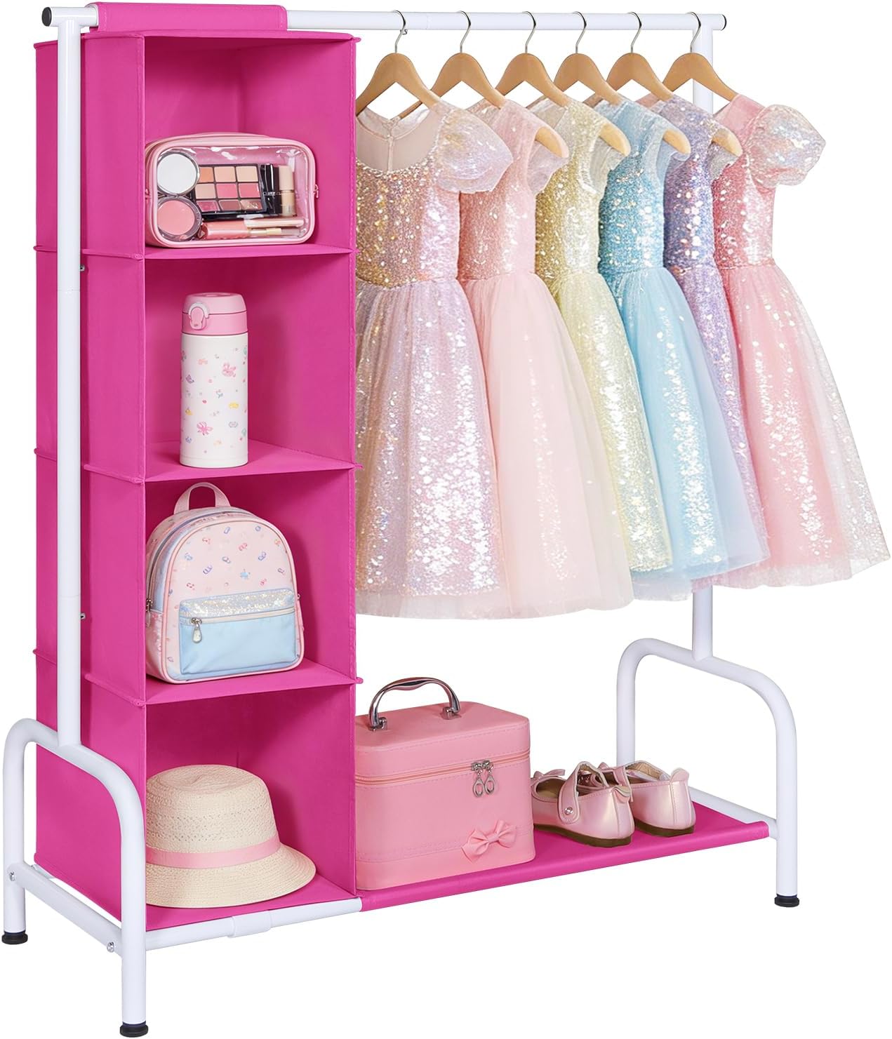Univivi 43" Tall Kids Clothing Rack, Toddler Dress Up Storage with Hanging Organizer – Sturdy Metal Baby Closet, Space-Saving for Nursery & Bedroom, Pink/White