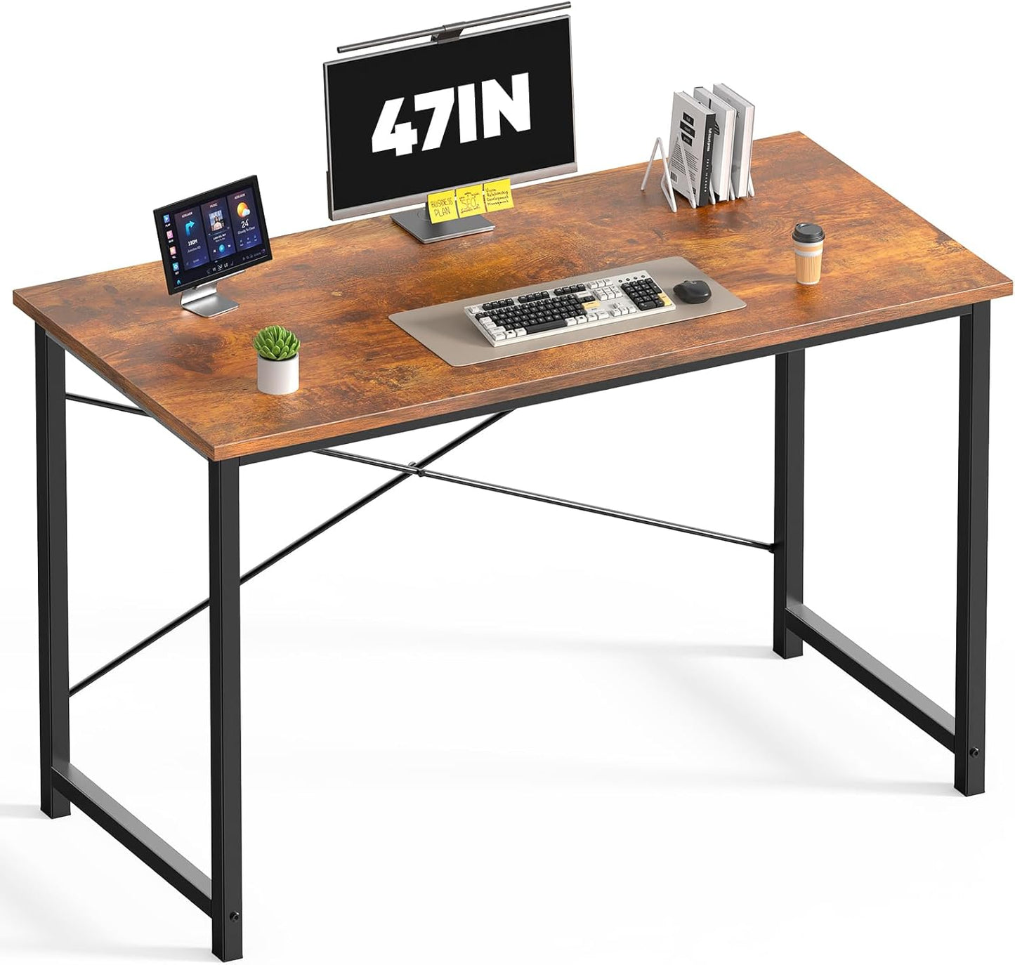 DUMOS 47 Inch Computer Desk for Home Office, Modern Writing Study Table Simple Modern Style for Bedroom Small Space, Large Work Desks with X-Shaped Reinforcement, Wood Brown