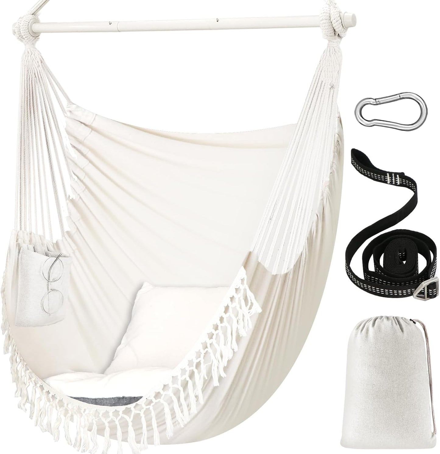 Chihee Hammock Chair Hanging Swing Max 500 Lbs 2 Cushions Included Steel Spreader Bar with Anti-Slip Grooves Portable Hanging Chair Side Pocket Large Macrame Bohemian Chair Indoor Outdoor
