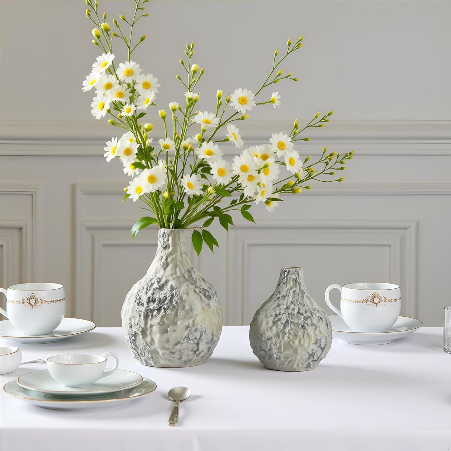 Modern Ceramic Vase Set of 3, 8 inch Simple Geometric Lines Vase for Pampas Grass Dried Fresh Flowers, Home Decor, Bedroom, Living Room, Bookshelf Decoration, Neutral Minimalist Nordic Style
