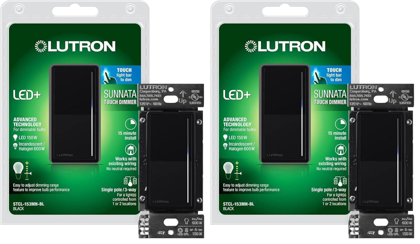 Lutron Sunnata Touch Dimmer Light Switch with Wallplate, LED+ Advanced Technology for LED and Incandescent, 3 Way/Multi Location, STCL-153MW-WH, White