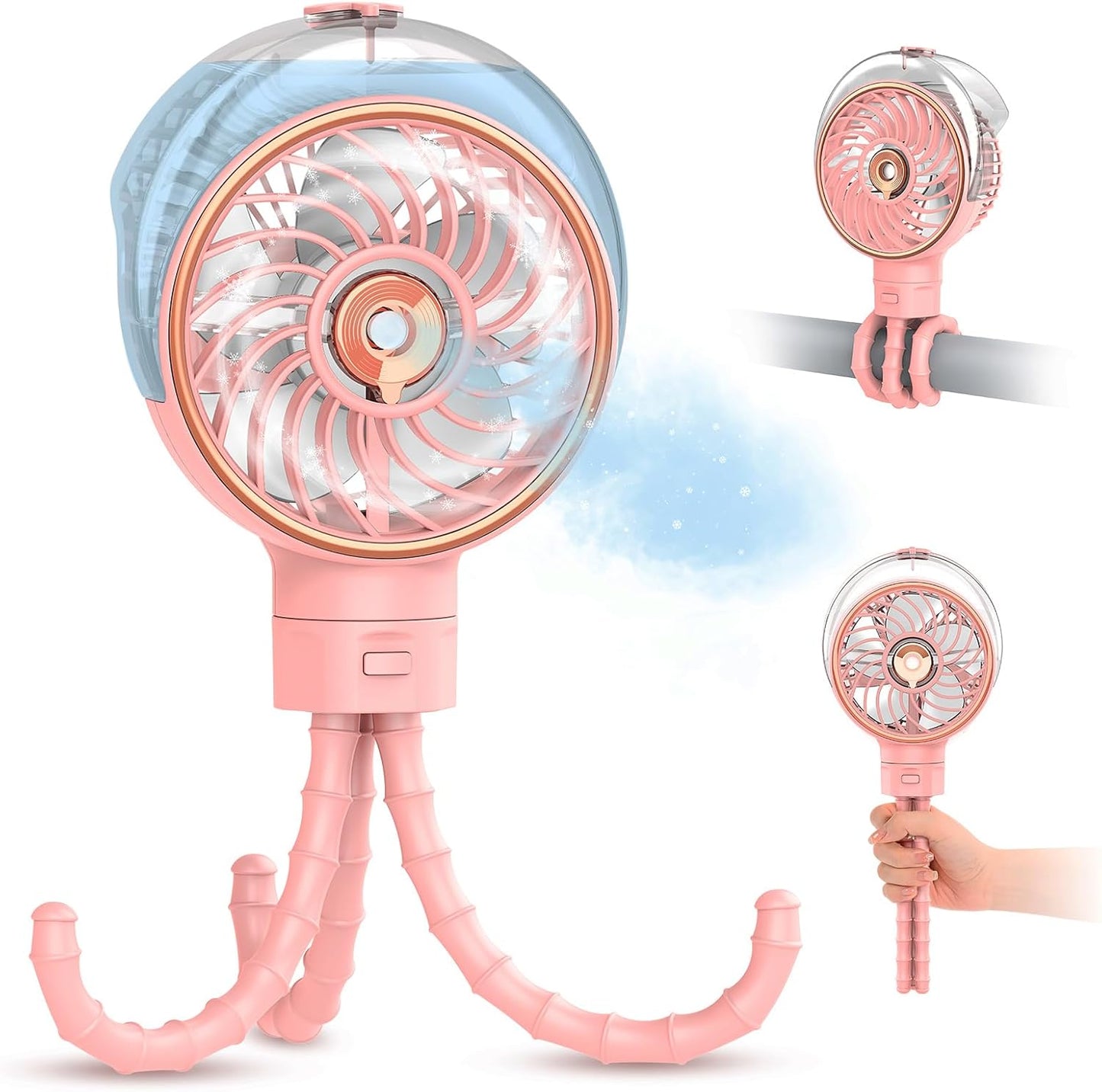 Ausic Stroller Fan with Mist, 100ml Misting Portable Fan for Stroller, Safe Baby Fans with Detachable Tripod, Baby Essentials, Clip on Fans for Crib, Treadmill, Car Seat, Outdoor, Beach, Golf Cart