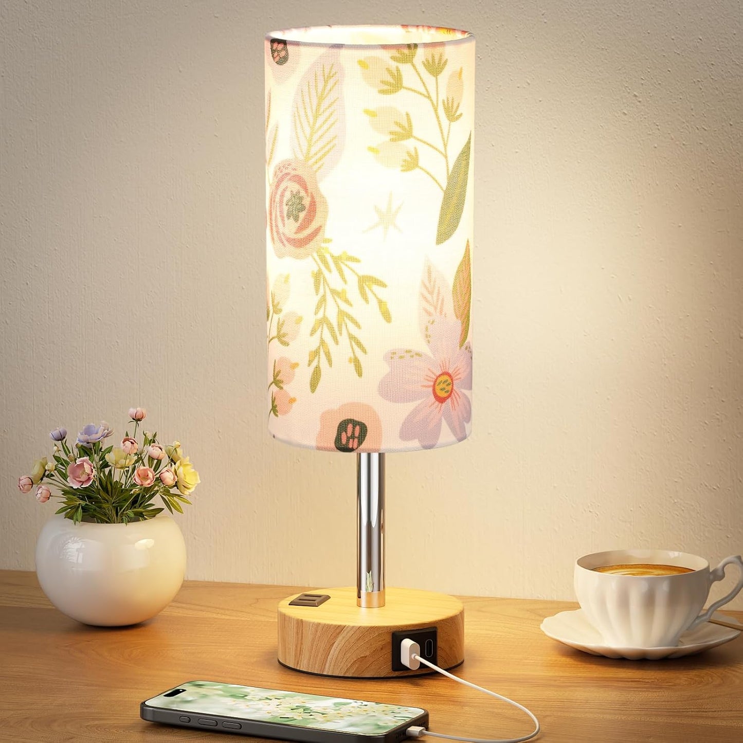 Fenmzee Bedside Table Lamp for Bedroom - 3 Way Dimmable Touch Lamp USB C Charging Ports and AC Outlet, Small Lamp Wood Base Round Flaxen Fabric Shade for Living Room, Desk, LED Bulb Included