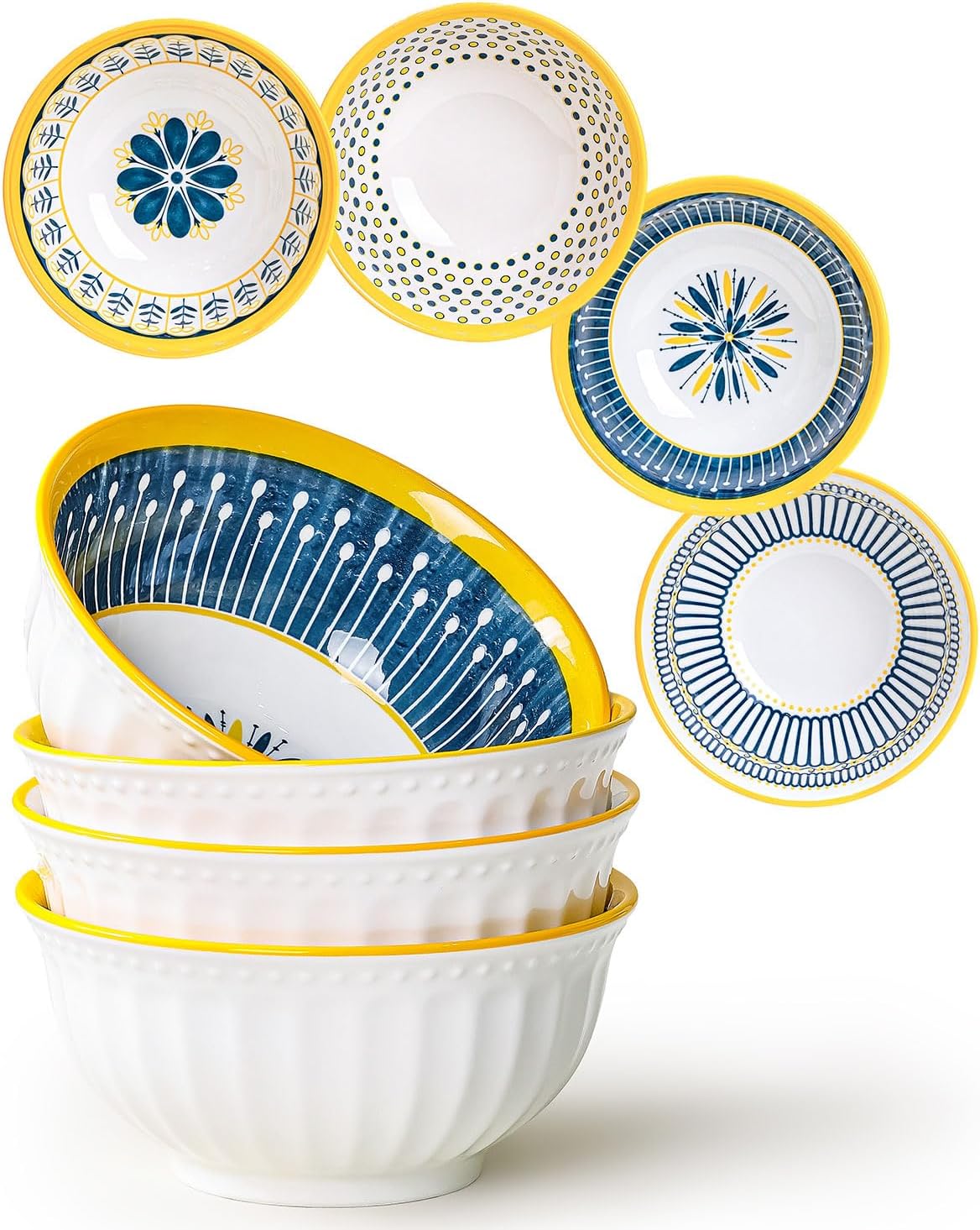Yeacccng Bohemian Soup Bowls with Handles Set of 4, 20 Oz Indented Grooved Ceramic Bowls, 6.5 Inch French Onion Soup Bowls, Lead-Free, Scratch-Resistant, Oven/Microwave Safe