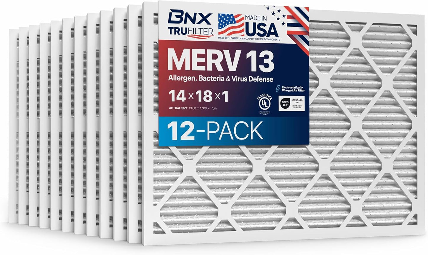 BNX TruFilter 20x20x1 MERV 13 (4-Pack) AC Furnace Air Filter - MADE IN USA - Electrostatic Pleated Air Conditioner HVAC AC Furnace Filters - Removes Pollen, Mold, Bacteria, Smoke