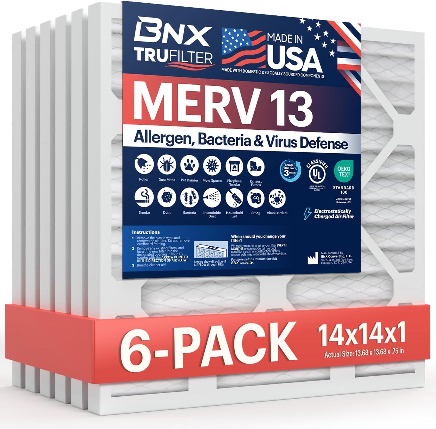BNX TruFilter 20x20x1 MERV 13 (4-Pack) AC Furnace Air Filter - MADE IN USA - Electrostatic Pleated Air Conditioner HVAC AC Furnace Filters - Removes Pollen, Mold, Bacteria, Smoke