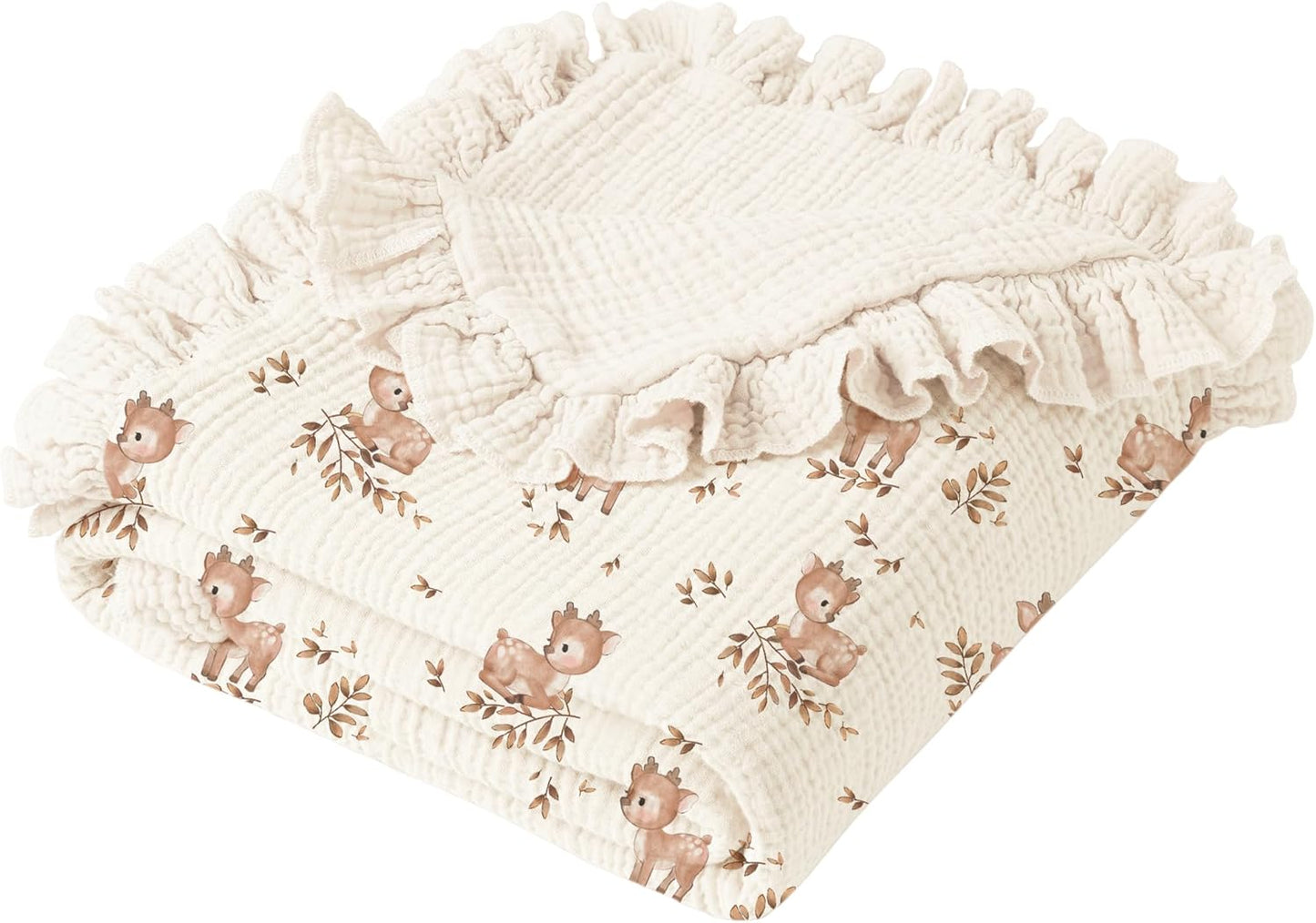 Konssy Flounce Muslin Baby Blanket for Girls Boys, 100% Cotton Soft Crib Swaddle Blankets, Reversible & Breathable Nursery Bedding for Newborns Toddlers, 40 x 36 Inches (Deer)