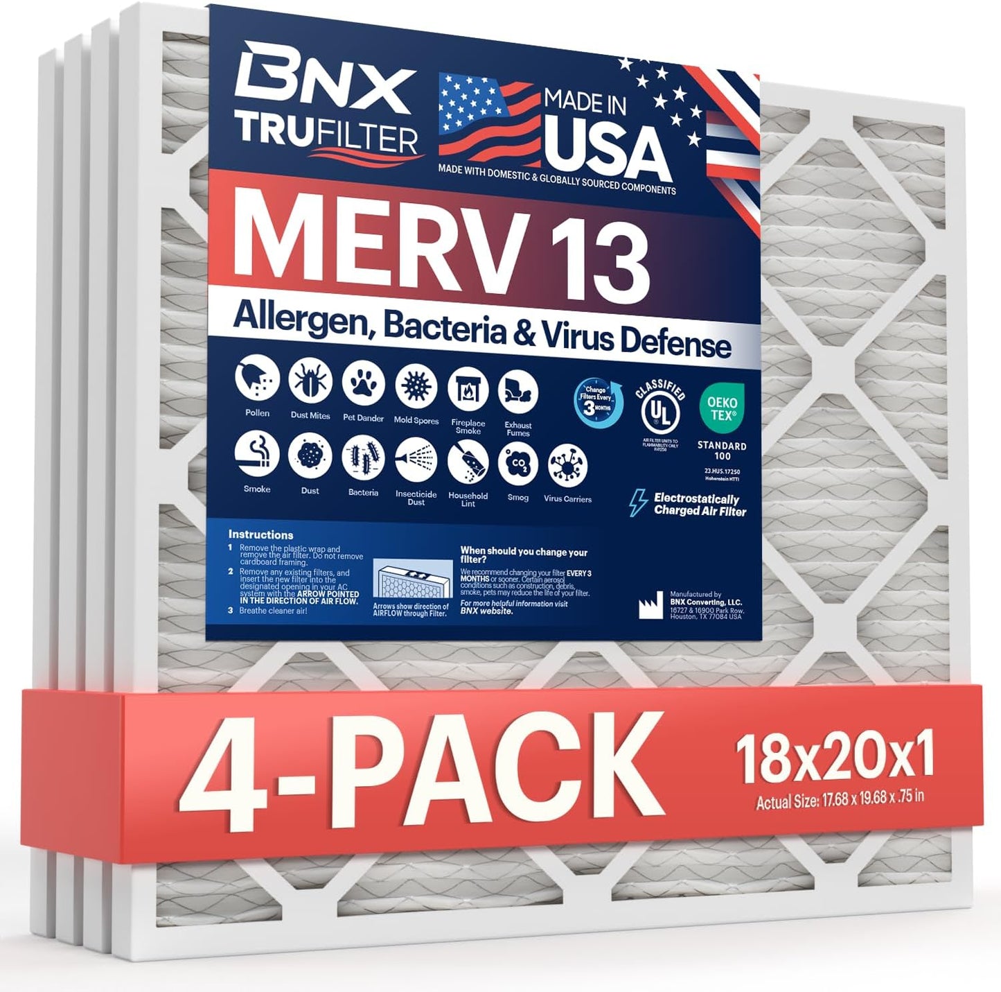 BNX TruFilter 20x20x1 MERV 13 (4-Pack) AC Furnace Air Filter - MADE IN USA - Electrostatic Pleated Air Conditioner HVAC AC Furnace Filters - Removes Pollen, Mold, Bacteria, Smoke
