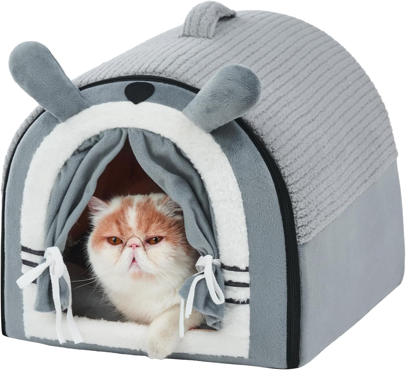 Jiupety Small Dog House Indoor, Dog Cave with Door Curtain Design, Puppy House with Reversible Washable Cushion, M Size Portable Pet Cave for 7-13 lb Cats and 5-11 lb Dogs, Non-Slip Bottom, Grey