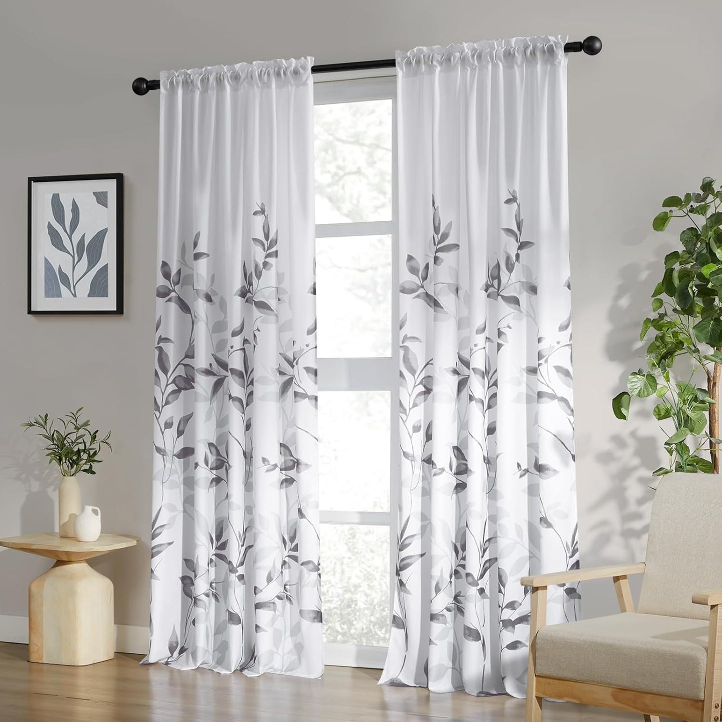 HOMEIDEAS Non-See-Through Pink and White Privacy Sheer Curtains 52 X 63 Inch Length 2 Panels, Leaf Floral Printed Light Filtering Semi Sheer Window Curtains Drapes for Bedroom Living Room