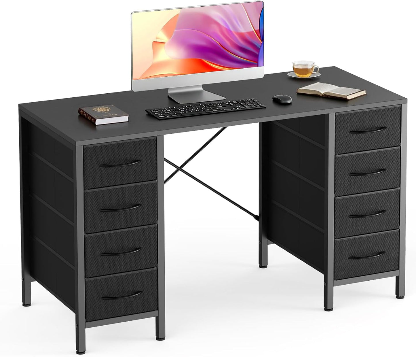 Sweetcrispy Computer Desk with Drawers, 47 Inch Home Office Bedroom Table with 4 Fabric Drawers & 2 Mesh Storage Shelves, Wood Table with X-Shaped Structure for Writing Study PC Desk, Brown