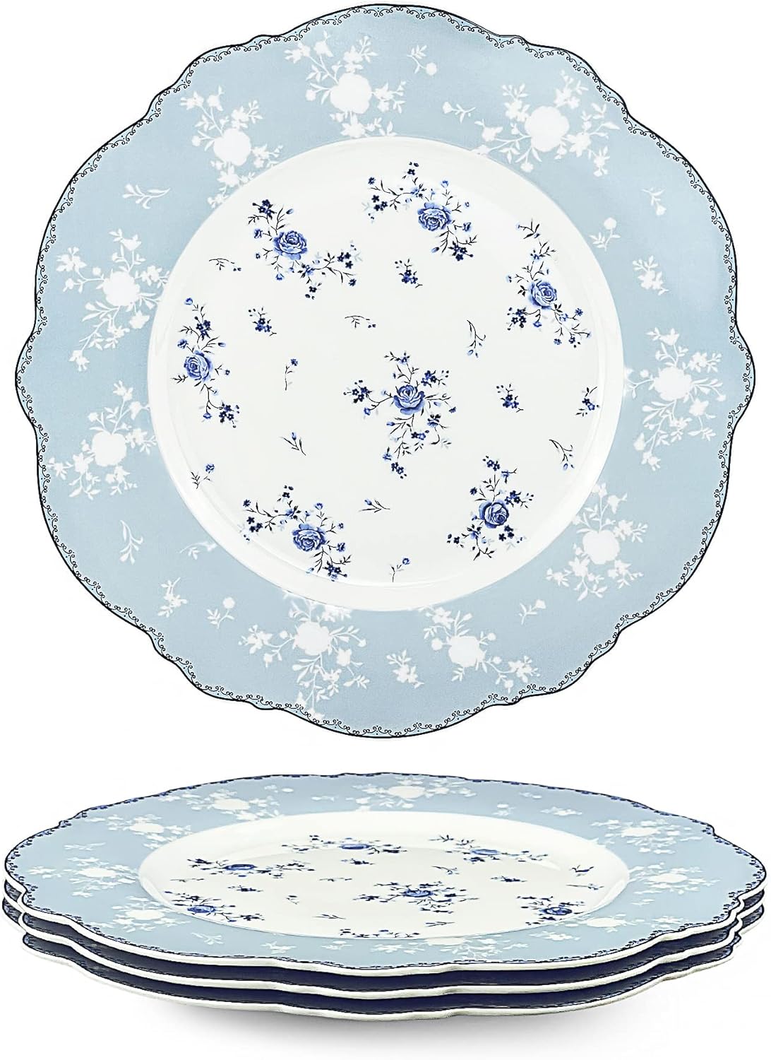 fanquare 8 Inch Porcelain Dessert Plates Set of 4, Lace Serving Bowls Set for Salad, Soup, Pasta, Snack, Blue Roses