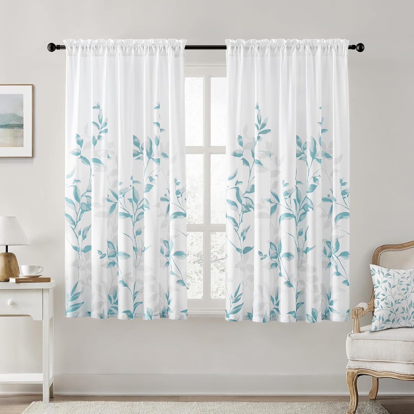 HOMEIDEAS Non-See-Through Pink and White Privacy Sheer Curtains 52 X 63 Inch Length 2 Panels, Leaf Floral Printed Light Filtering Semi Sheer Window Curtains Drapes for Bedroom Living Room