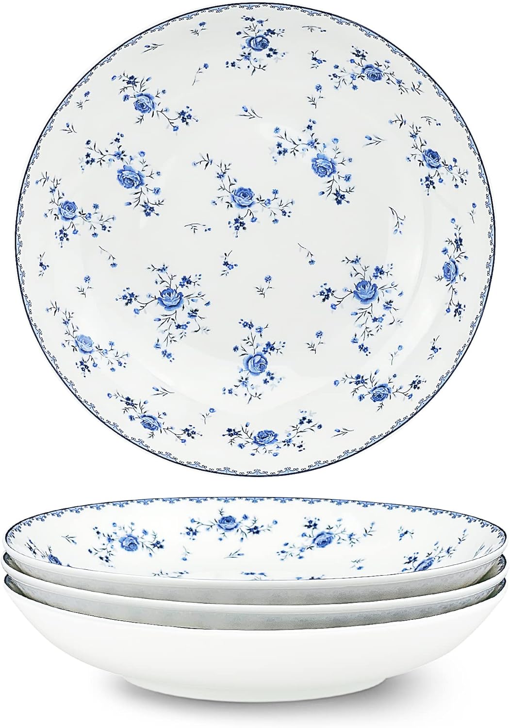 fanquare 8 Inch Porcelain Dessert Plates Set of 4, Lace Serving Bowls Set for Salad, Soup, Pasta, Snack, Blue Roses