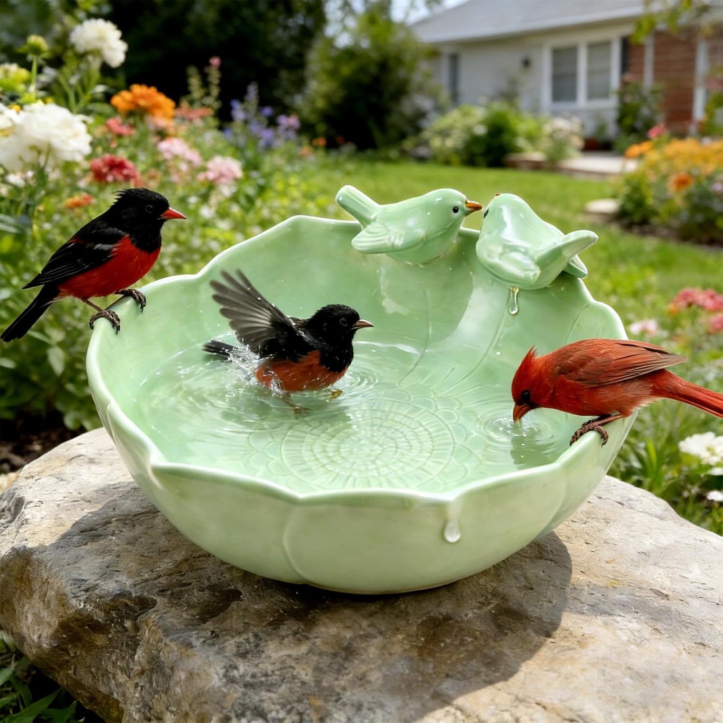 Solar Fountain Ceramic Bird Bath for Outdoors Hummingbird Solar Bubbler Fountain with Ground Ceramic Bird Baths Bowl for Outside, Large Table Top Garden Décor for Patio, Yard & Home