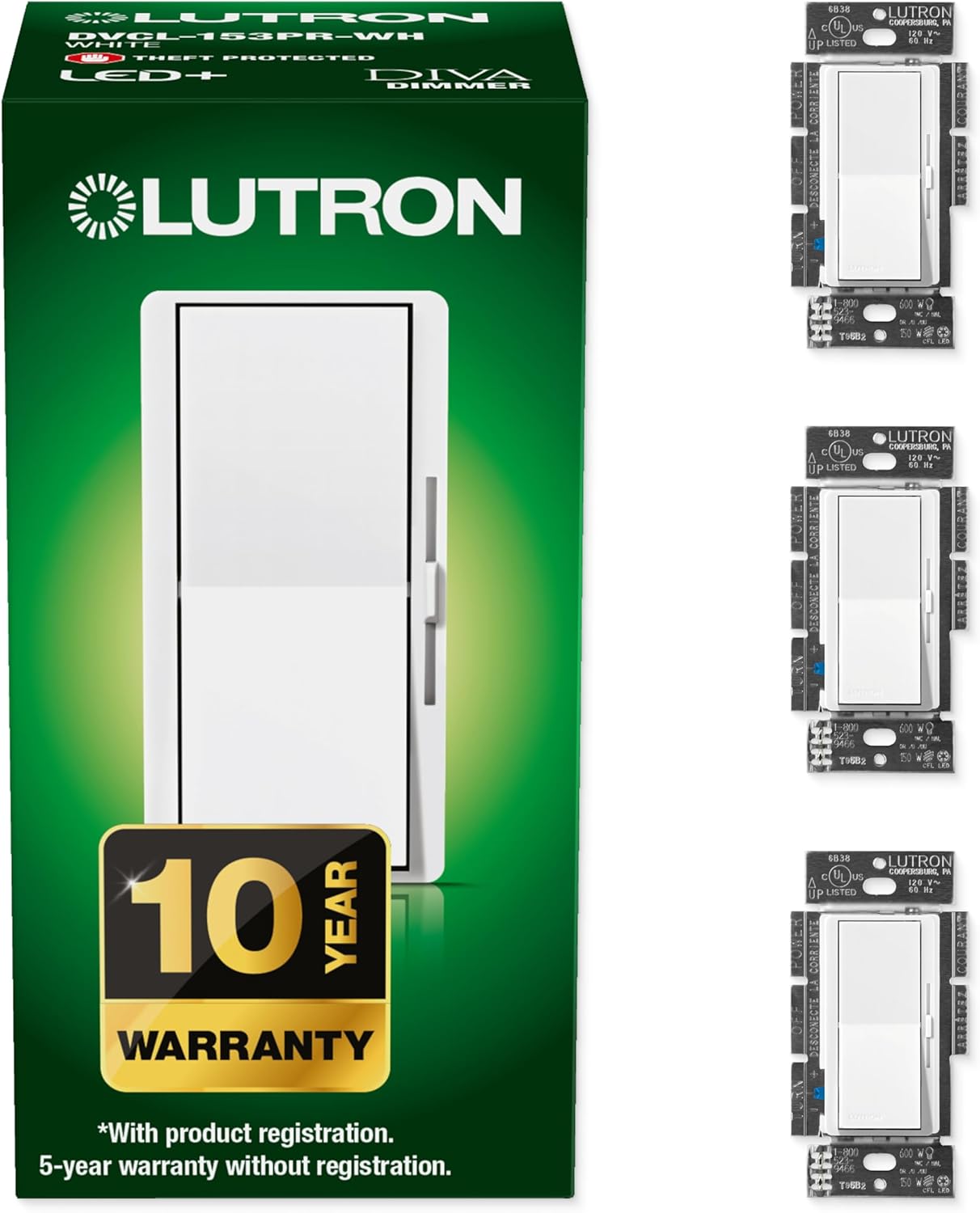 Lutron Diva LED+ Dimmer Light Switch for Dimmable LED, Halogen, and Incandescent Bulbs, 150 Watt, Single-Pole or 3-Way, DVCL-153P-WH, White