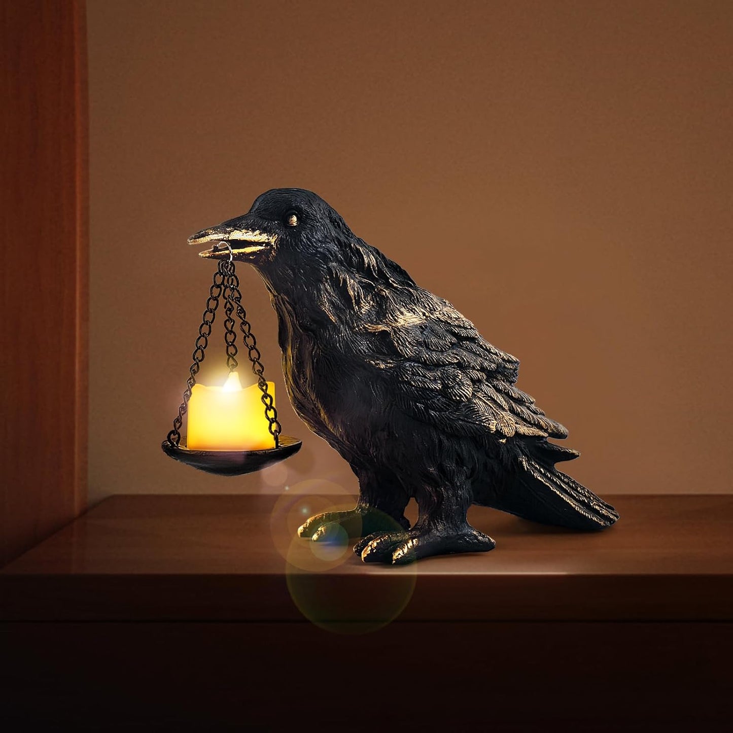 Gothic Crow Lamp with Tealight Candle Holder Resin Raven Decor Statue Gothic Home Decor for Bedroom Unique Goth Gifts Black