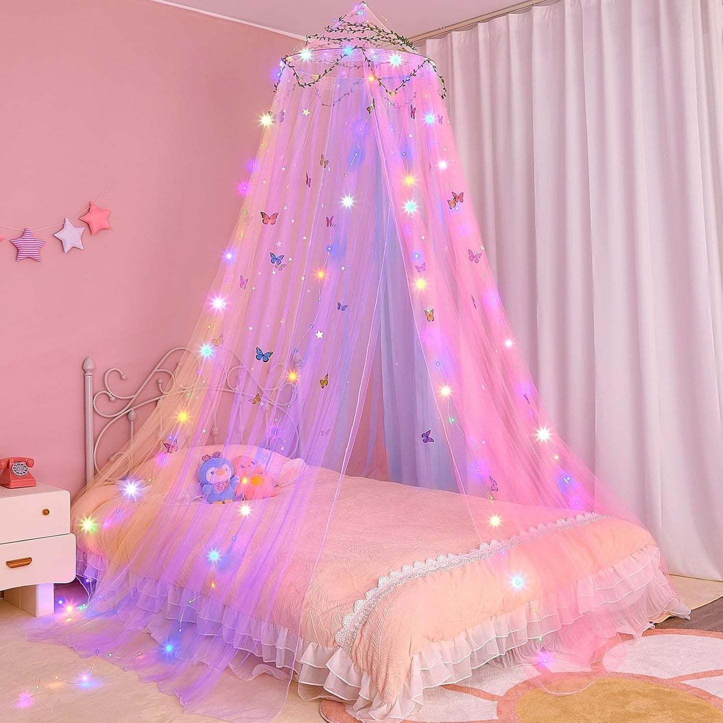 FIOBEE Bed Canopy for Girls Room Bed Canopy Curtains with Led Lights Mosquito Net DIY Princess Room Décor with Stars Butterflies for Kids Bedroom, White
