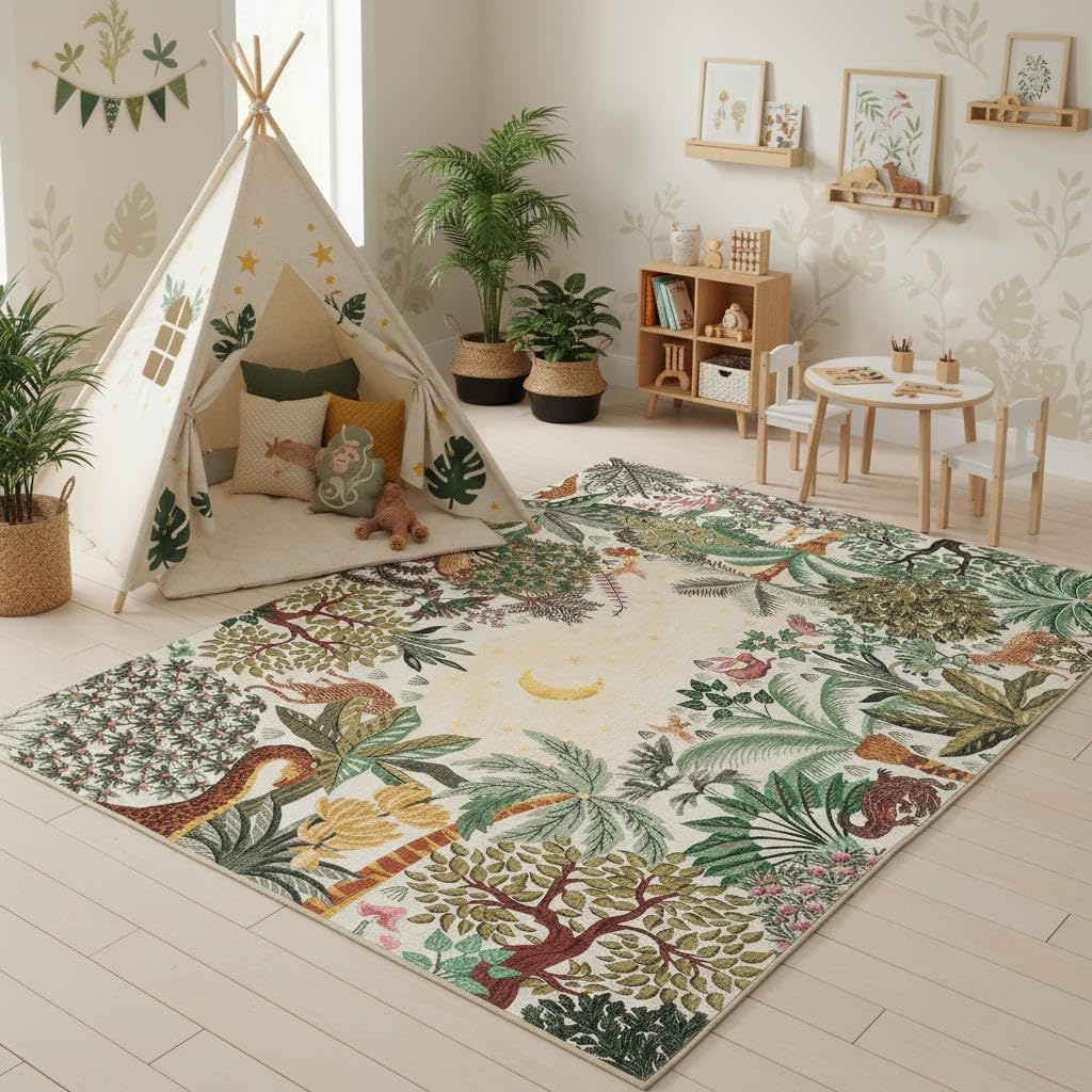 GarveeHome 4x6 Washable Area Rug for Kids Room, Jungle Animal Soft Bedroom Rug Non Slip Low Pile Small Carpet Stain Resistant Throw Rug for Bedside Playroom Classroom Office Dining Room