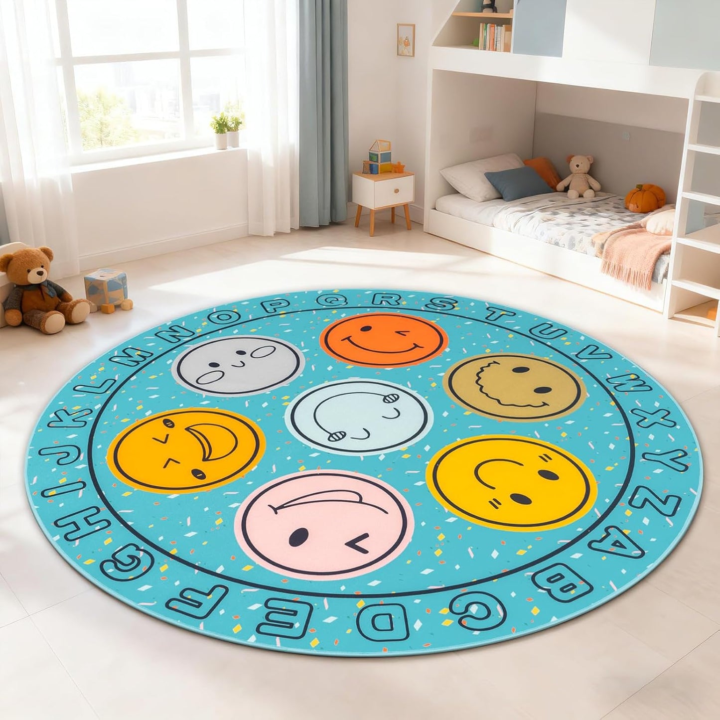 Large Classroom Rugs, ABC Alphabet Educational Area Rug for Kids,6ft Non-Slip Circle Abstract Carpet for Girls and Boys Bedroom,Carpet for Elementary Classroom,Play Rug 7 Seats,Nursery Rugs Washable