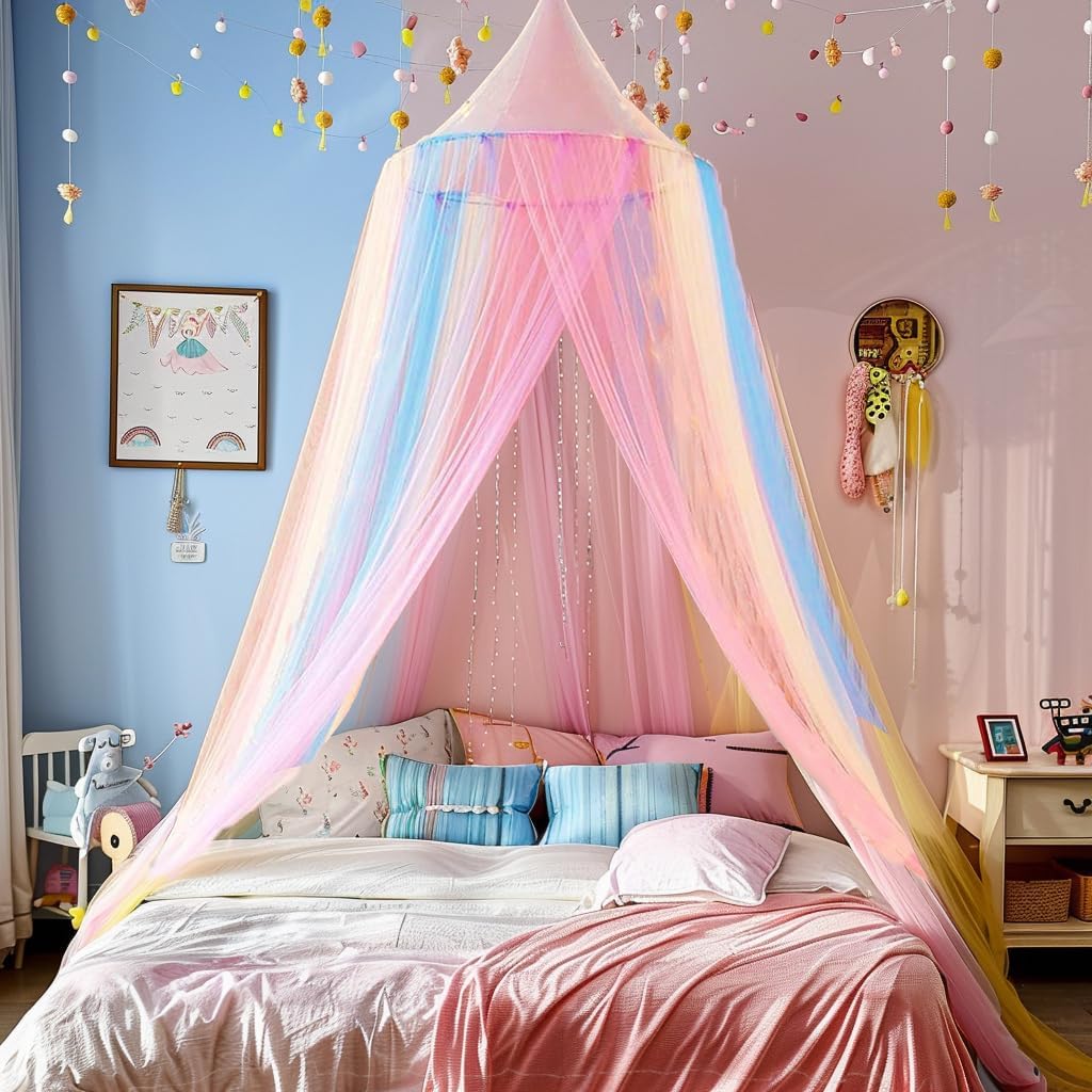 Comtelek Bed Canopy with Lights,Mosquito Net Bed Canopy for Girls Canopy Bed Curtains Full Queen Size from Ceiling,Dome Mosquito Netting Bed Tent Twin Girls Princess Canopy King Bed Decor