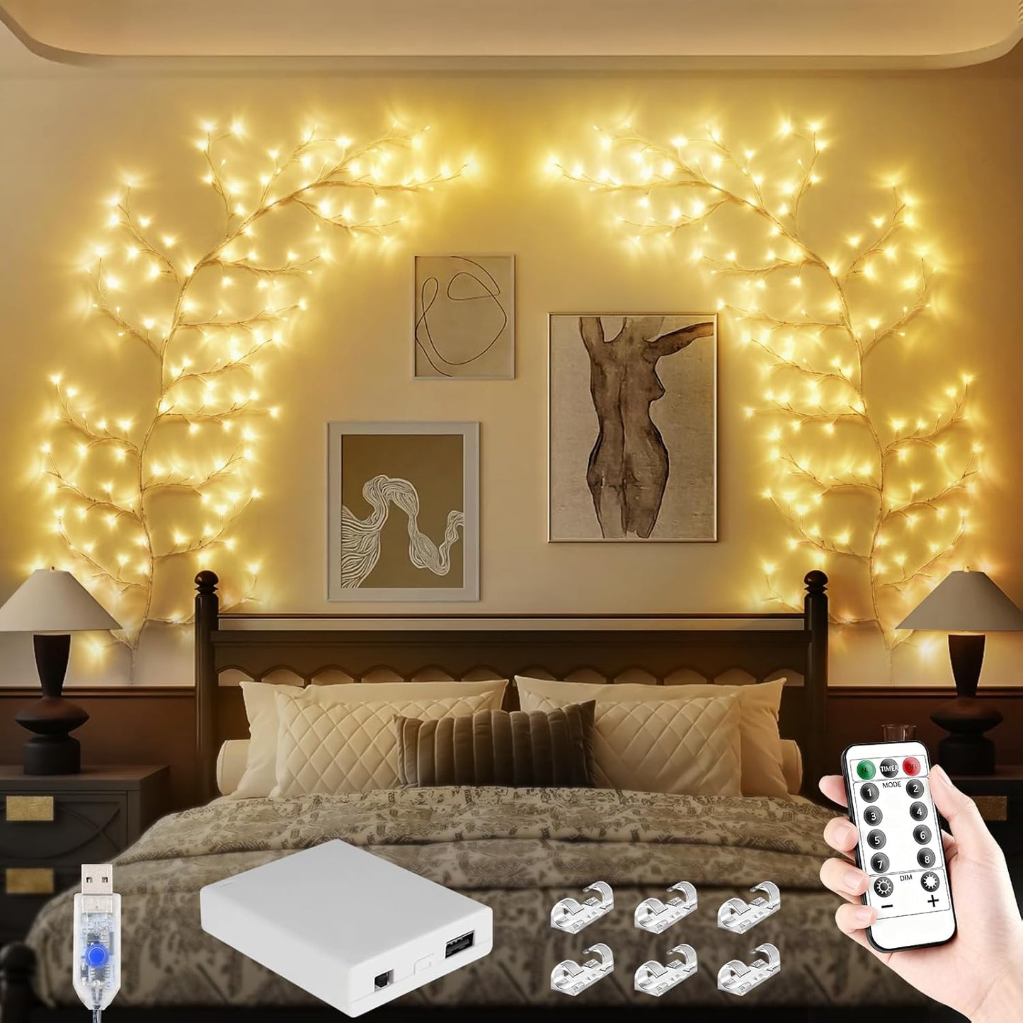 Cherry Enchanted Willow Vine Lights, 4FT 48LED Pink Cherry Blossom Tree Branch Lights for Wall, Remote Timer,8 Light Model,Bedroom Wall Doors Wedding, Christmas, USB Battery Box