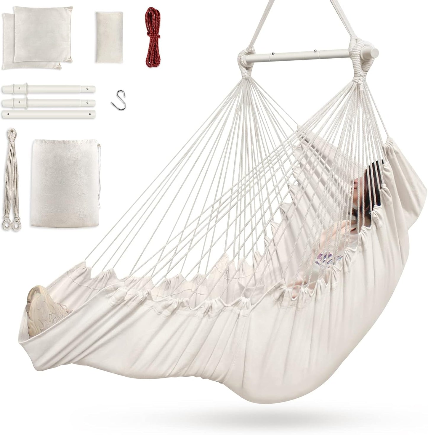 Outerman Hammock Chair, Hanging Chair with 3 Cushions and Foot Rest Support, Sturdy Metal Spreader Bar Max 500Lbs, Swing Chair for Bedroom, Indoor & Outdoor, Patio, Porch or Tree（Black）…