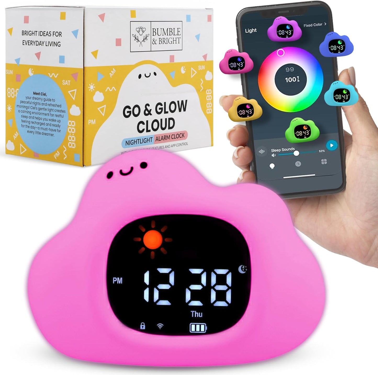 Bumble & Bright Kids Sleep Trainer with App Control - OK to Wake Clock for Kids Ages 4+, Color-Changing Night Light, Alarm & Sound Machine, Simple 1-Routine Setup, Free App, USB-C