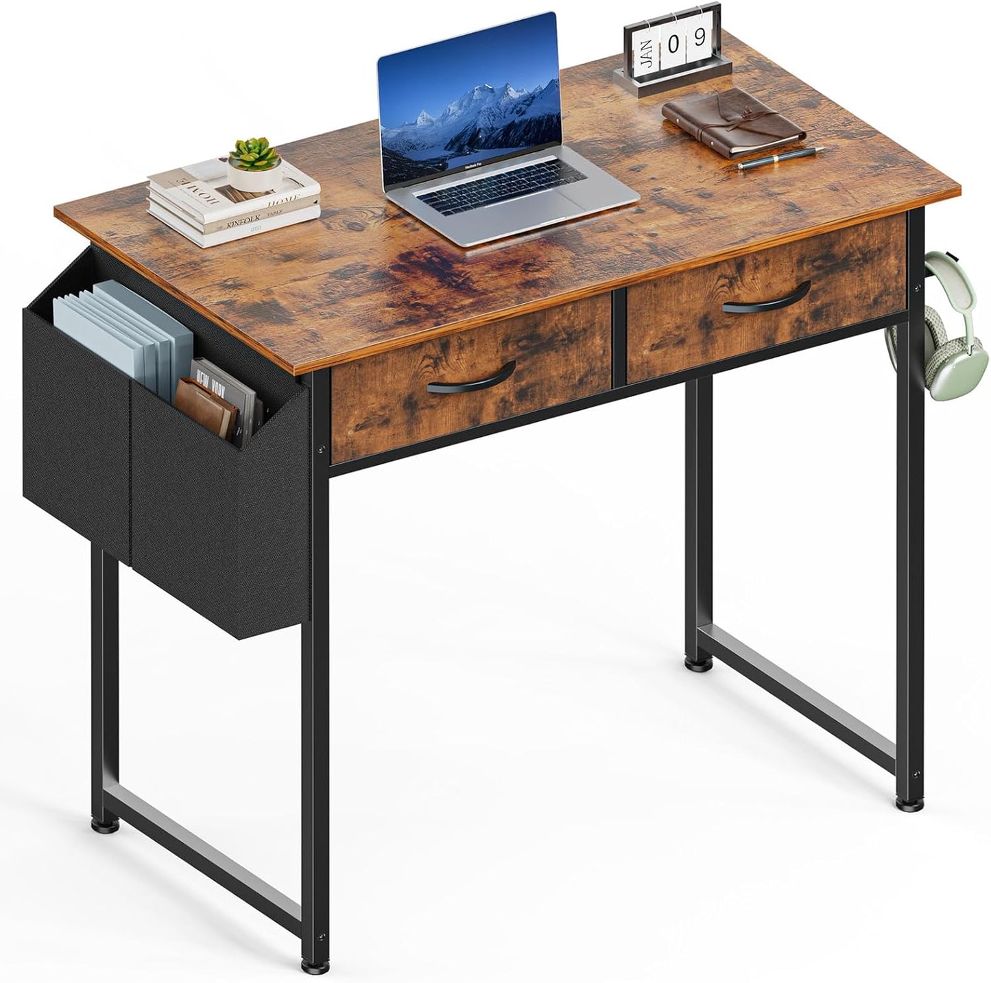 Sweetcrispy Computer Desk with Drawers, 47 Inch Home Office Bedroom Table with 4 Fabric Drawers & 2 Mesh Storage Shelves, Wood Table with X-Shaped Structure for Writing Study PC Desk, Brown