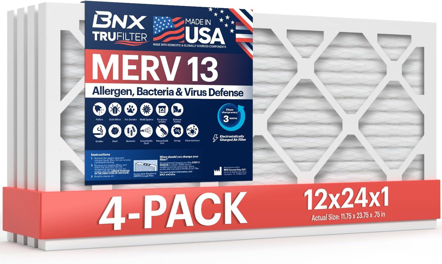 BNX TruFilter 20x20x1 MERV 13 (4-Pack) AC Furnace Air Filter - MADE IN USA - Electrostatic Pleated Air Conditioner HVAC AC Furnace Filters - Removes Pollen, Mold, Bacteria, Smoke