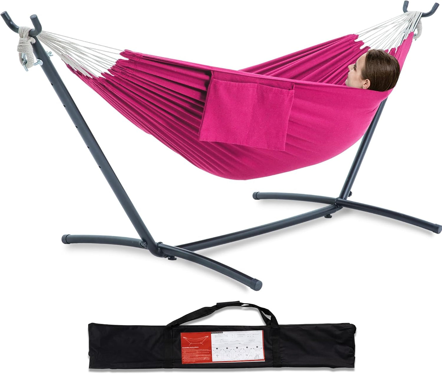 PNAEUT Double Hammocks with Stand for Outside, Portable Space Saving Heavy-Duty Steel Frame for Indoor Outdoor Patio Yard, Easy Assembly, 2 Person 450 lbs Capacity (Coffee)