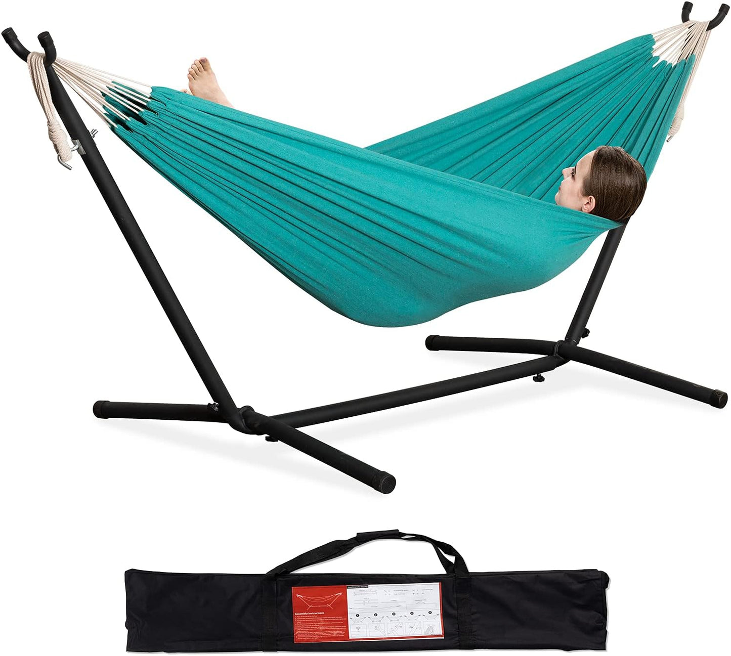 PNAEUT Double Hammocks with Stand for Outside, Portable Space Saving Heavy-Duty Steel Frame for Indoor Outdoor Patio Yard, Easy Assembly, 2 Person 450 lbs Capacity (Coffee)