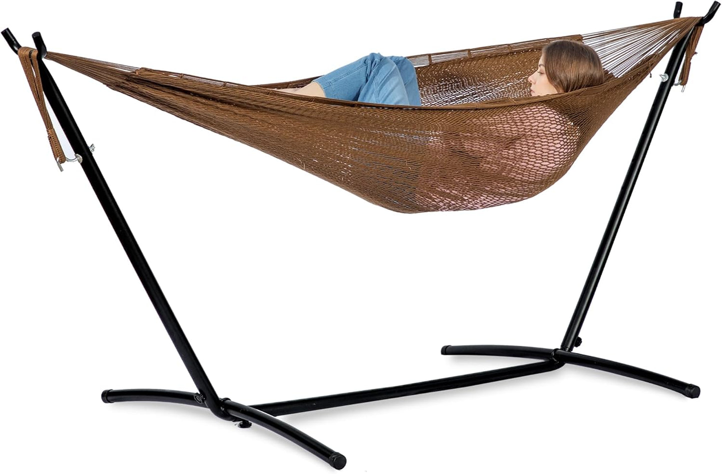 PNAEUT Double Hammocks with Stand for Outside, Portable Space Saving Heavy-Duty Steel Frame for Indoor Outdoor Patio Yard, Easy Assembly, 2 Person 450 lbs Capacity (Coffee)