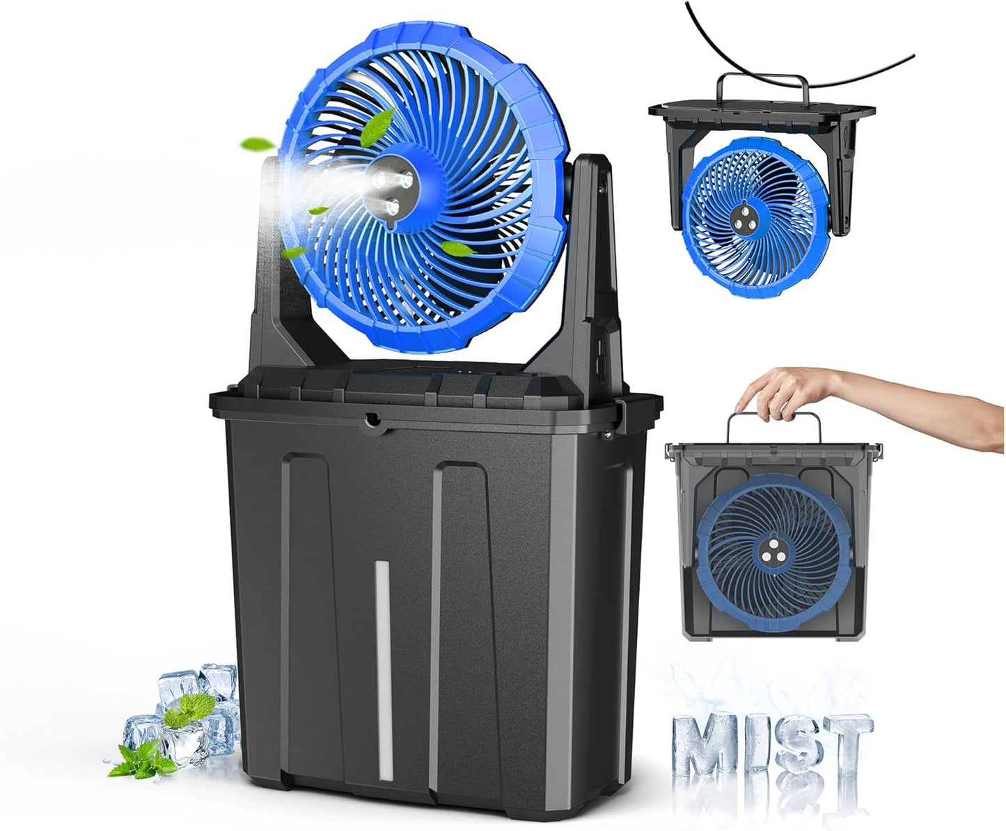 Ausic 9L Bucket Portable Misting Fan for Outdoors Patios - 10IN, 20000mAh Rechargeable Battery Operated Camping Fan, 3 Strong Winds, 3 Large Spray Outlets, for Fishing/Travel/Garden/Golf/Tent/Office